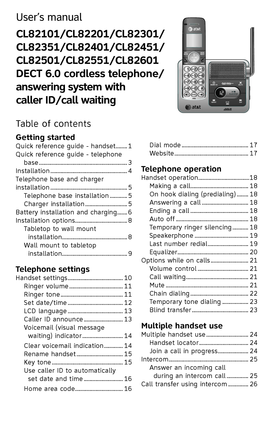 AT&T CL82601, CL81301 user manual CL82101/CL82201/CL82301 CL82351/CL82401/CL82451, Table of contents 