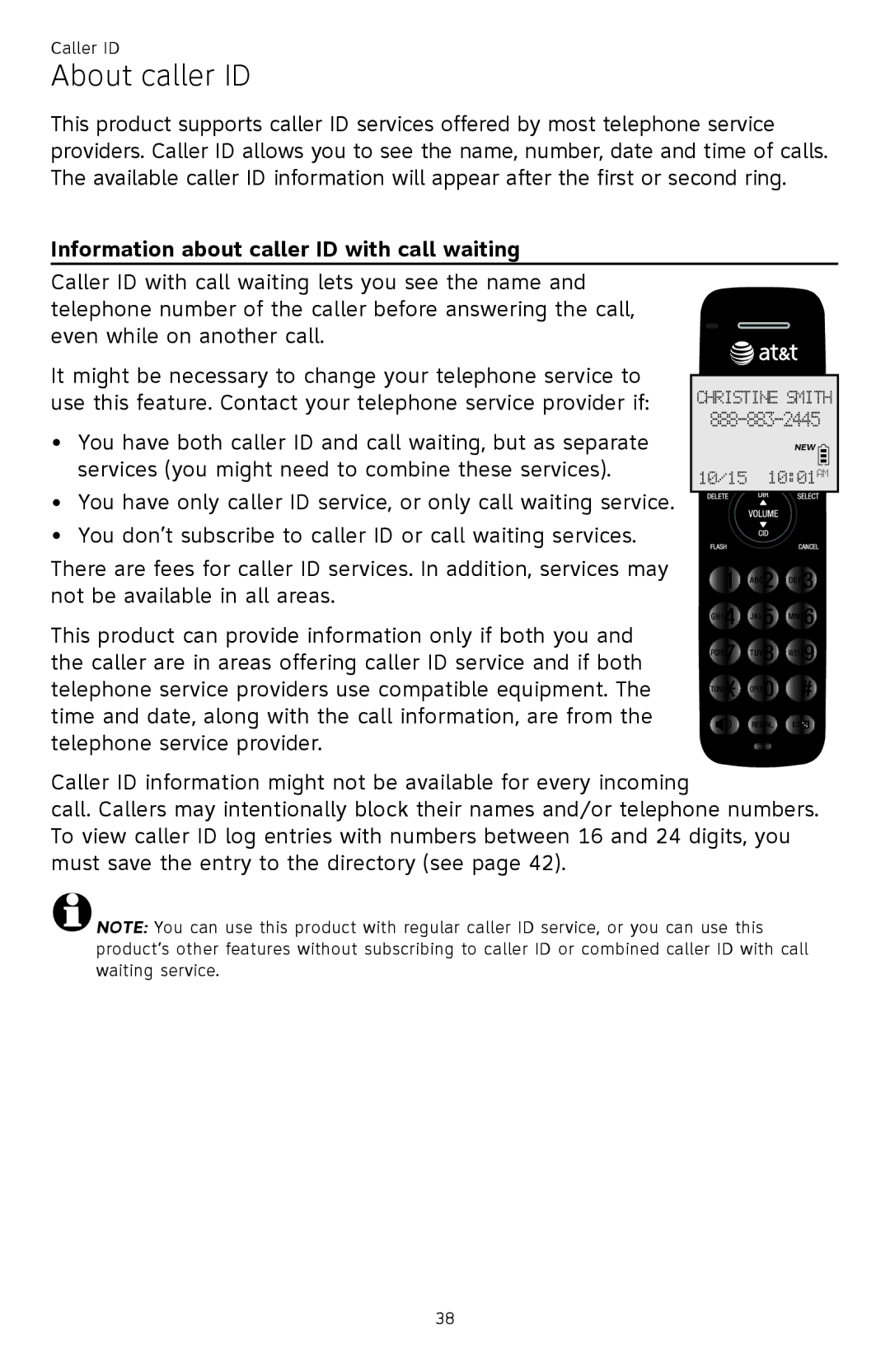 AT&T CL82401, CL82601, CL82101, CL81301 user manual About caller ID, Information about caller ID with call waiting 