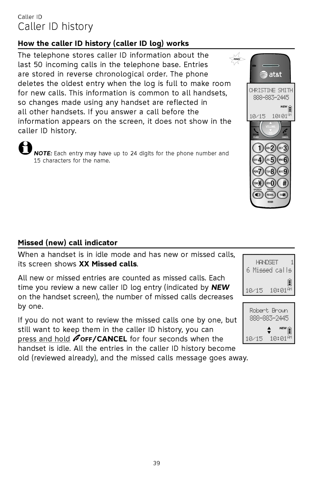 AT&T CL82601, CL82401, CL82101 Caller ID history, How the caller ID history caller ID log works, Missed new call indicator 