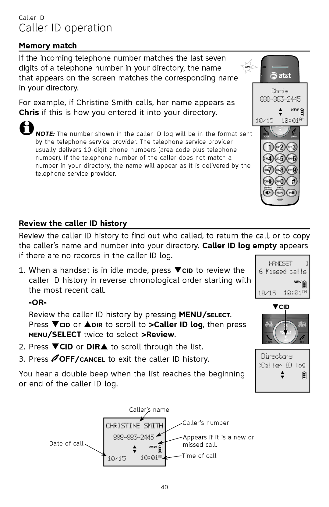 AT&T CL82101, CL82401, CL82601, CL81301 user manual Caller ID operation, Memory match, Review the caller ID history 