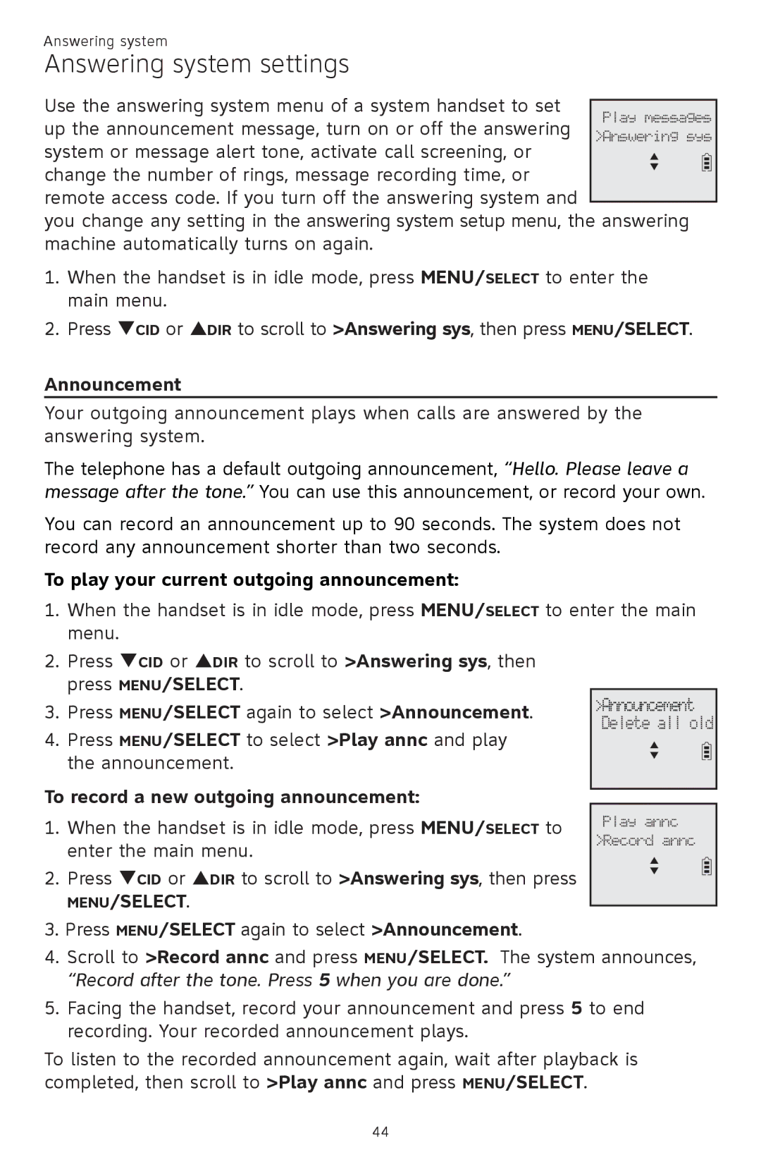 AT&T CL82101, CL82401, CL82601, CL81301 Answering system settings, Announcement, To play your current outgoing announcement 