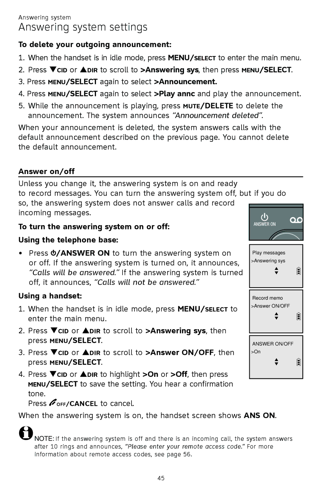 AT&T CL81301, CL82401, CL82601, CL82101 user manual To delete your outgoing announcement, Answer on/off, Using a handset 