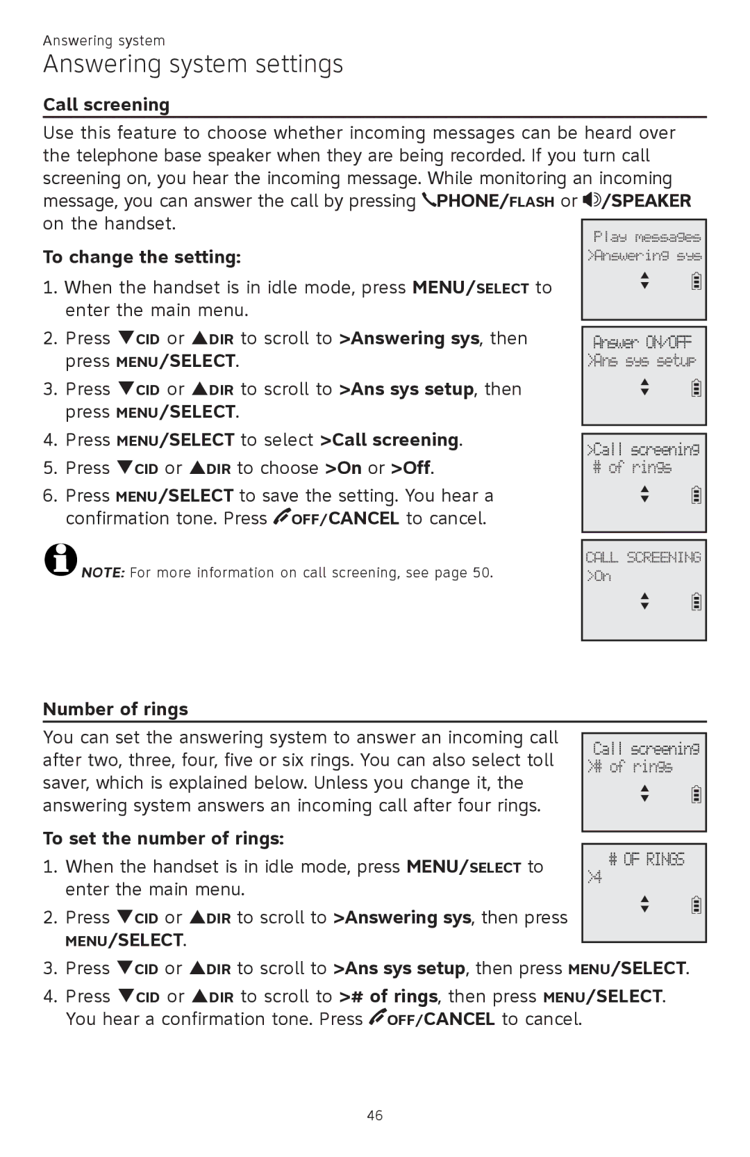 AT&T CL82401, CL82601, CL82101 To change the setting, Press MENU/SELECT to select Call screening, Number of rings 