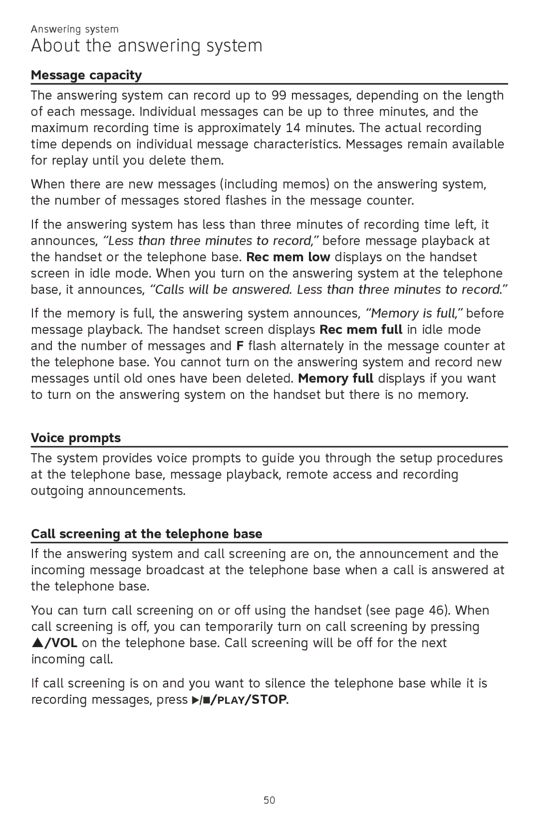 AT&T CL82401, CL82601, CL82101, CL81301 user manual Message capacity, Voice prompts, Call screening at the telephone base 