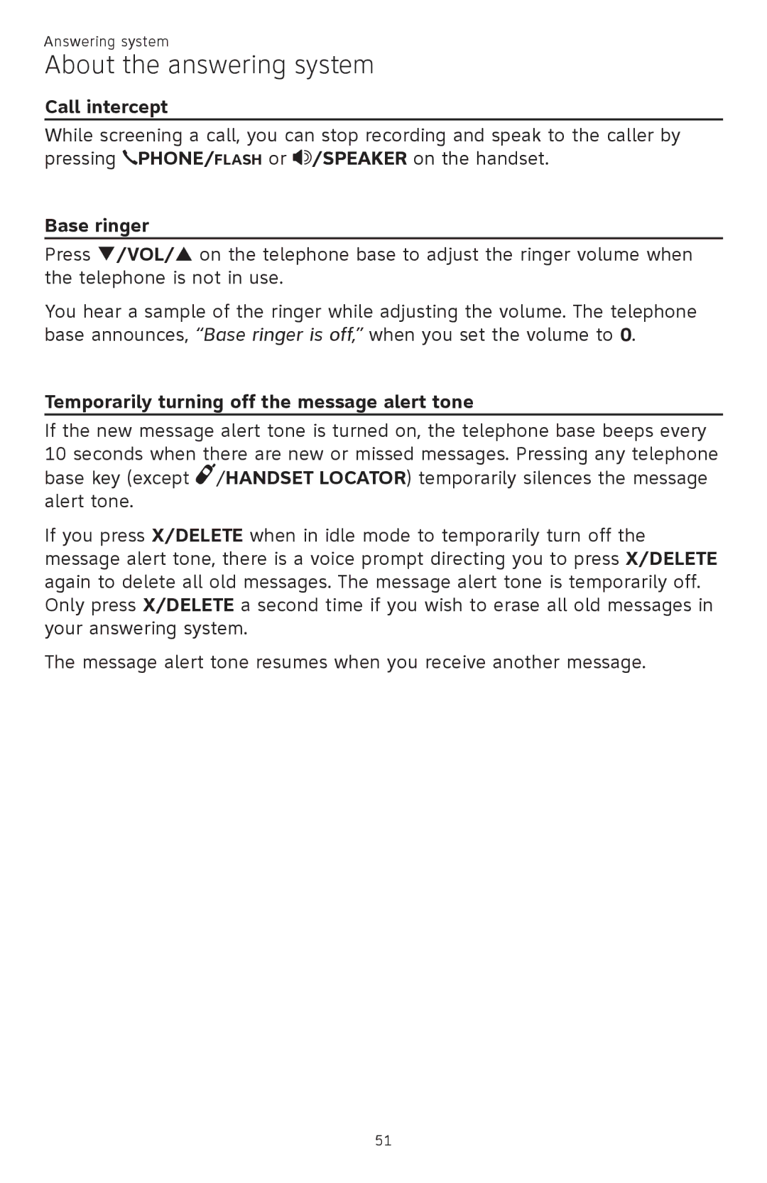 AT&T CL82601, CL82401, CL82101, CL81301 Call intercept, Base ringer, Temporarily turning off the message alert tone 