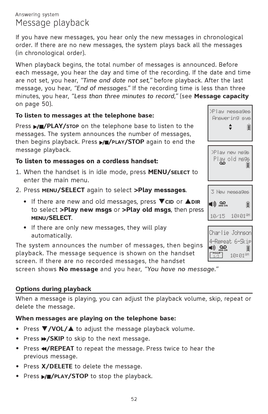 AT&T CL82101 Message playback, To listen to messages at the telephone base, To listen to messages on a cordless handset 