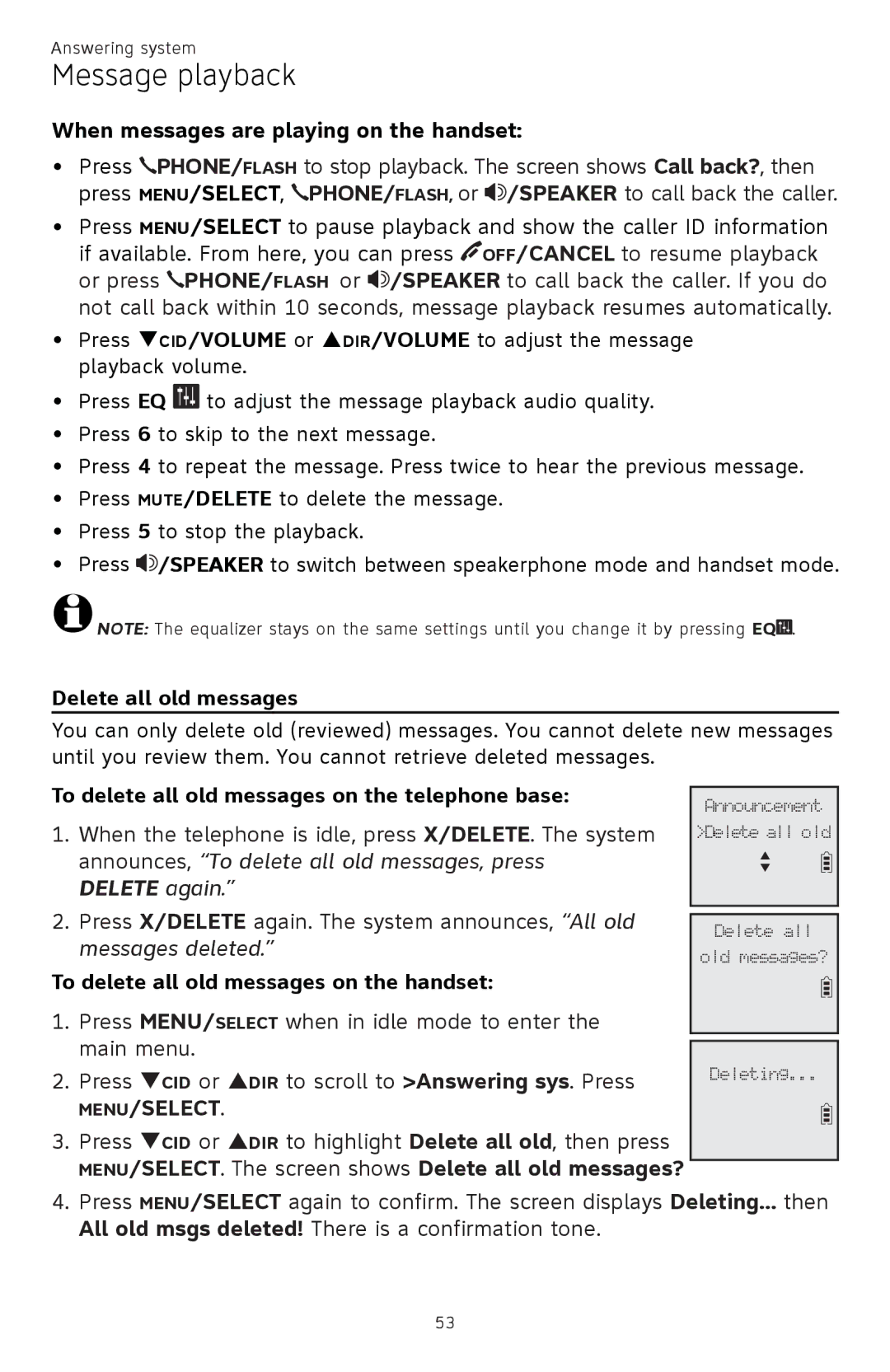 AT&T CL81301 When messages are playing on the handset, Delete all old messages, To delete all old messages on the handset 