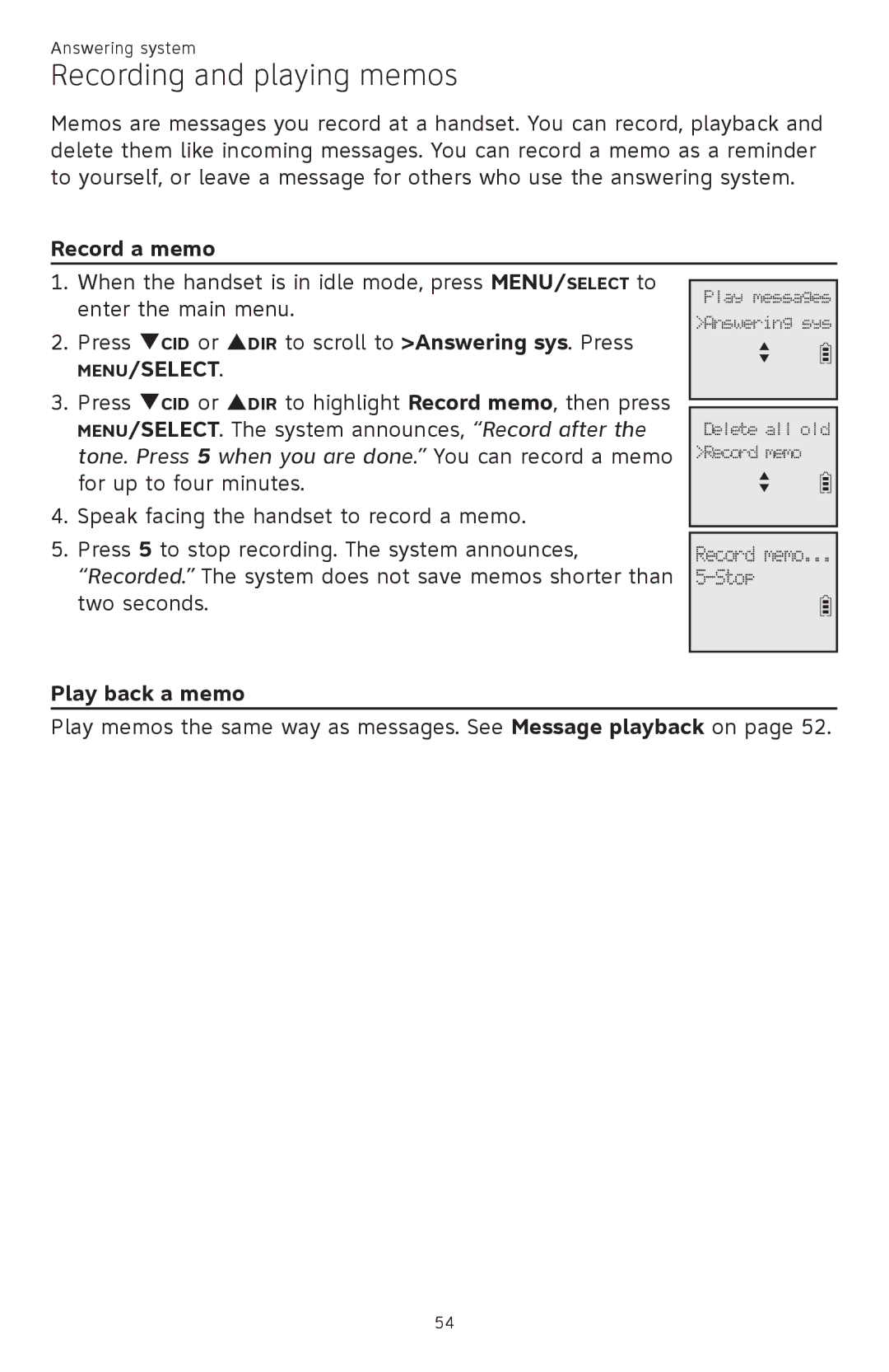 AT&T CL82401, CL82601, CL82101, CL81301 user manual Recording and playing memos, Record a memo, Play back a memo 