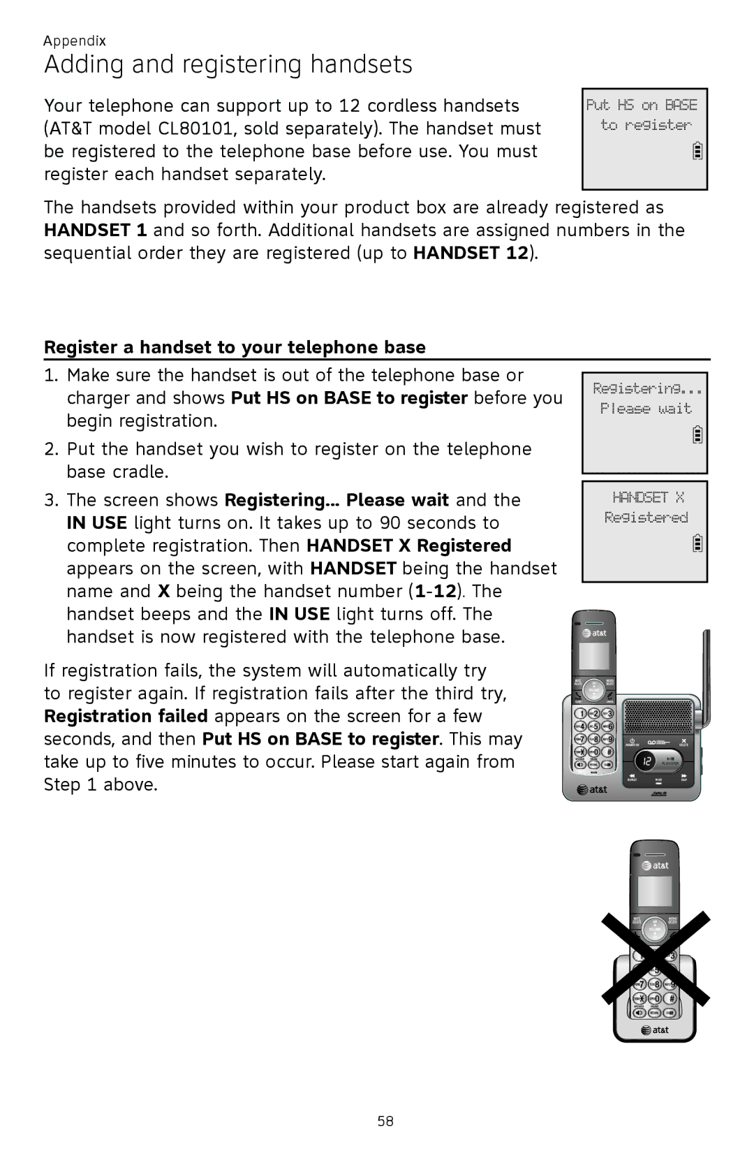 AT&T CL82401, CL82601, CL82101, CL81301 user manual Adding and registering handsets, Register a handset to your telephone base 