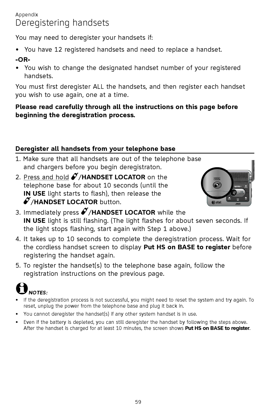 AT&T CL82601, CL82401, CL82101, CL81301 user manual Deregistering handsets, Press and hold /HANDSET Locator on 