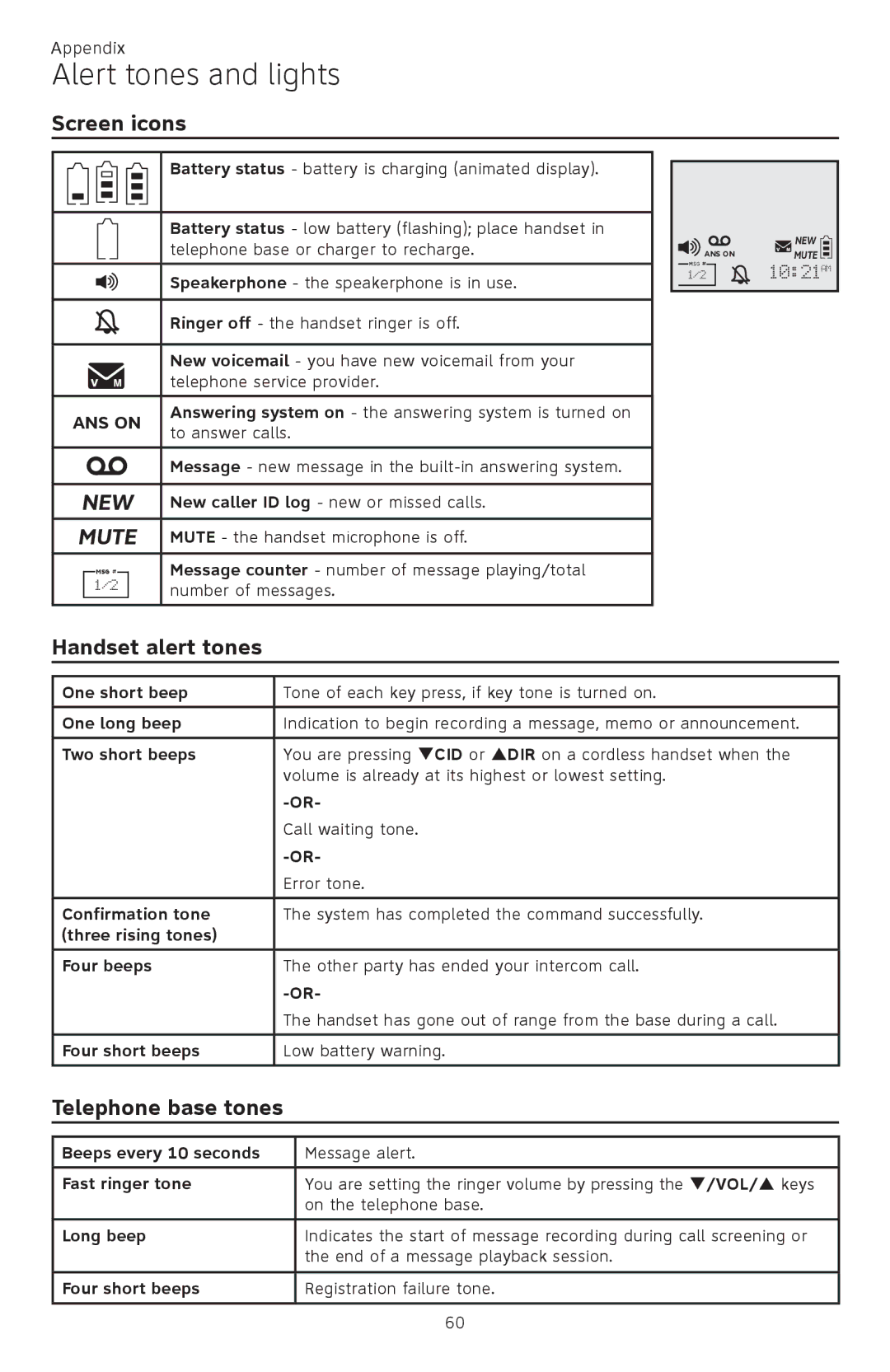 AT&T CL82101, CL82401, CL82601, CL81301 Alert tones and lights, Screen icons, Handset alert tones, Telephone base tones 