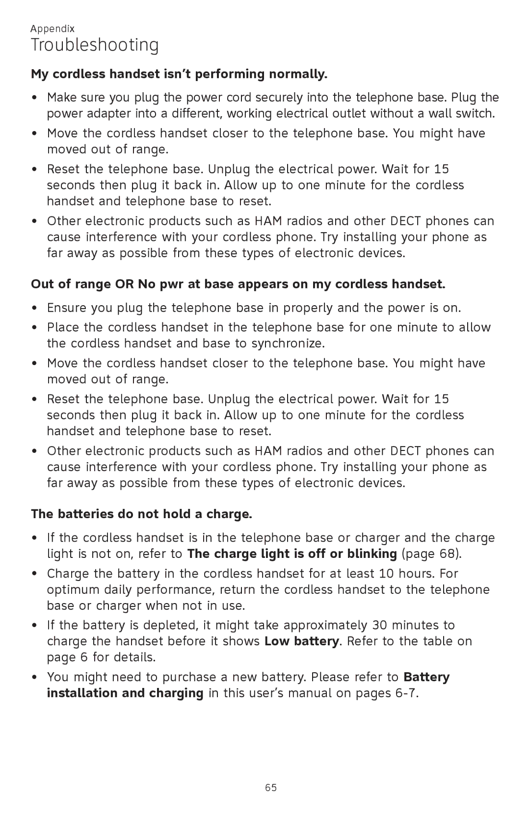 AT&T CL81301, CL82401, CL82601, CL82101 My cordless handset isn’t performing normally, Batteries do not hold a charge 