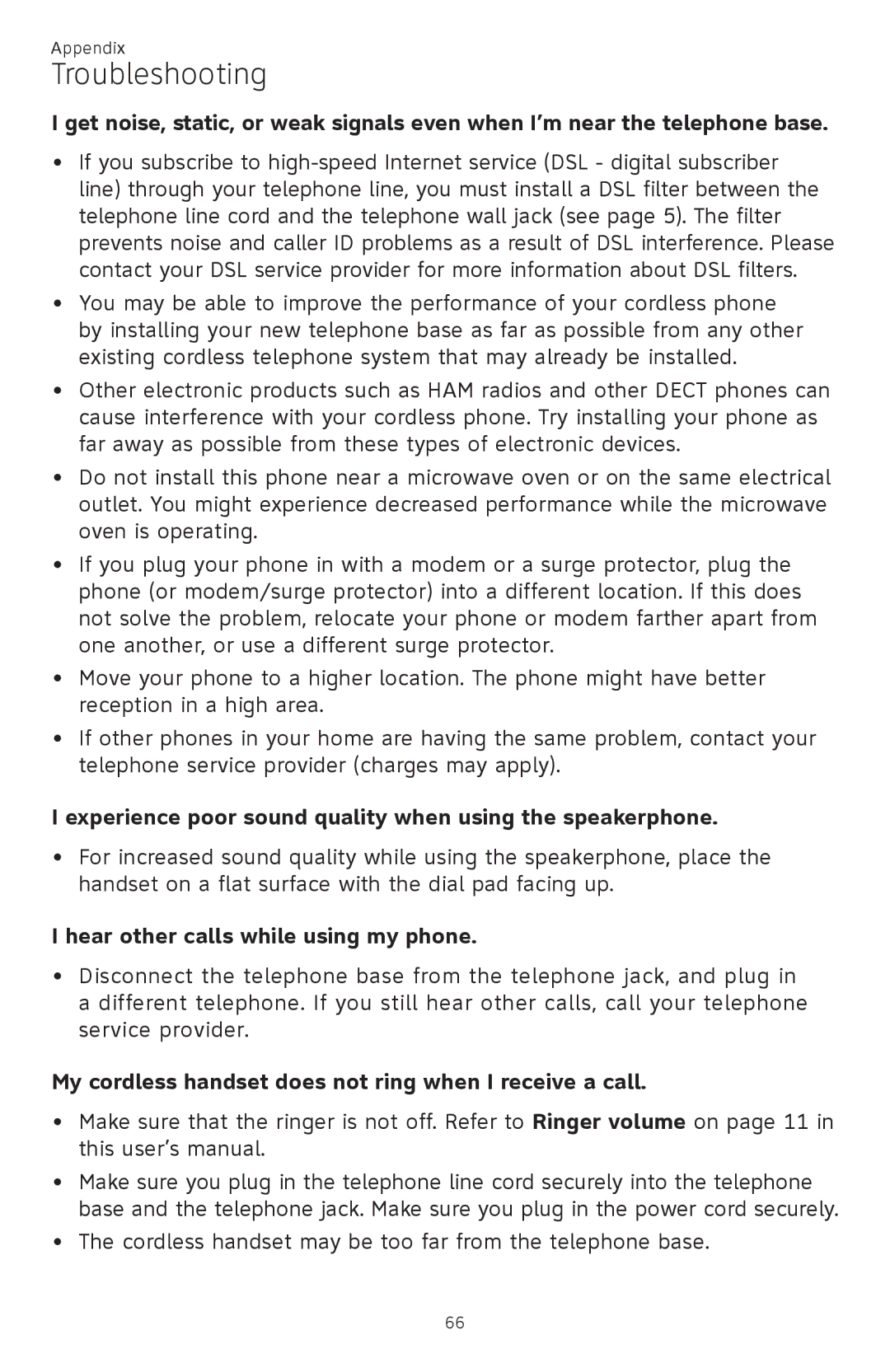 AT&T CL82401, CL82601 Experience poor sound quality when using the speakerphone, Hear other calls while using my phone 