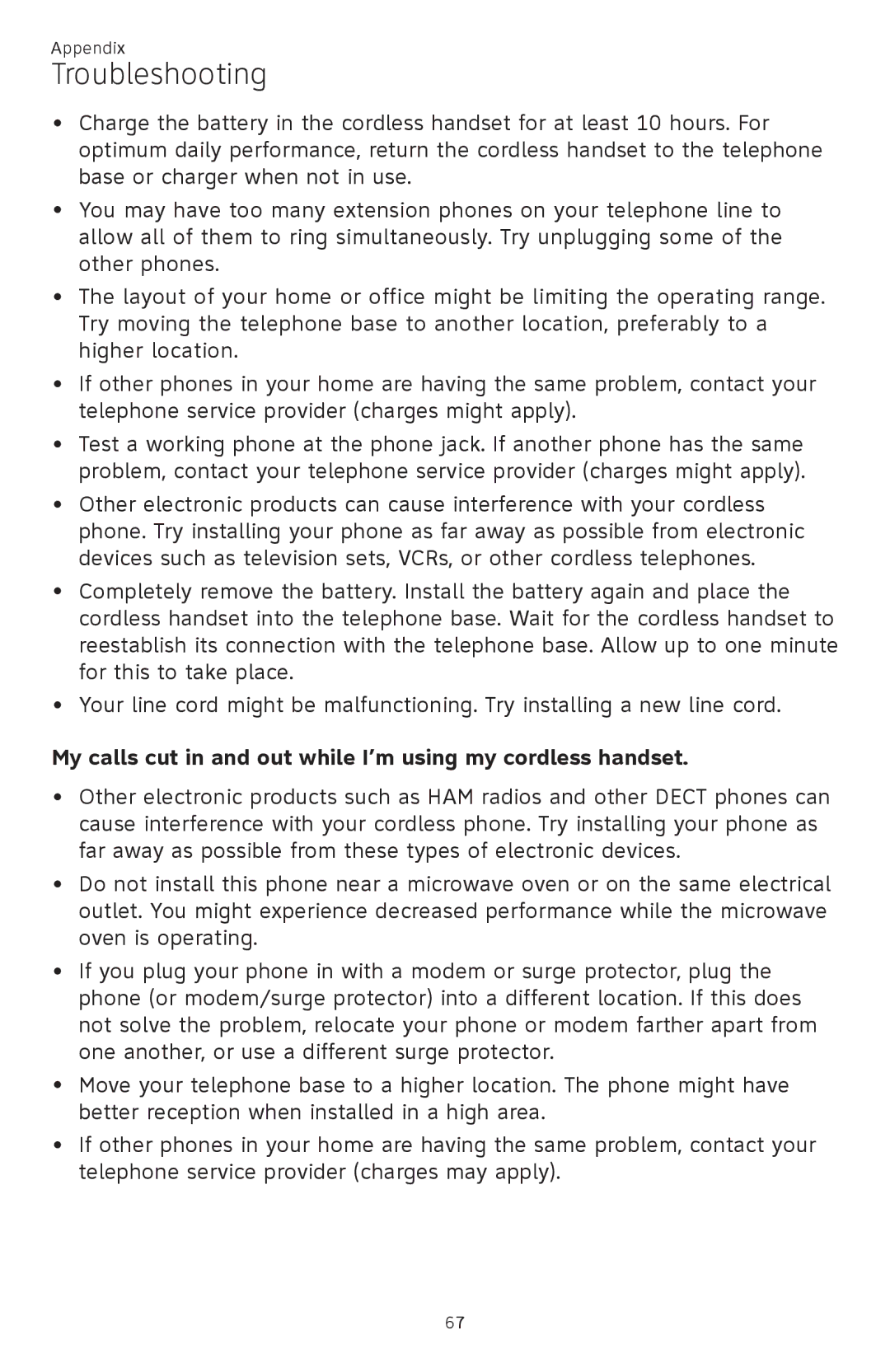 AT&T CL82601, CL82401, CL82101, CL81301 user manual My calls cut in and out while I’m using my cordless handset 