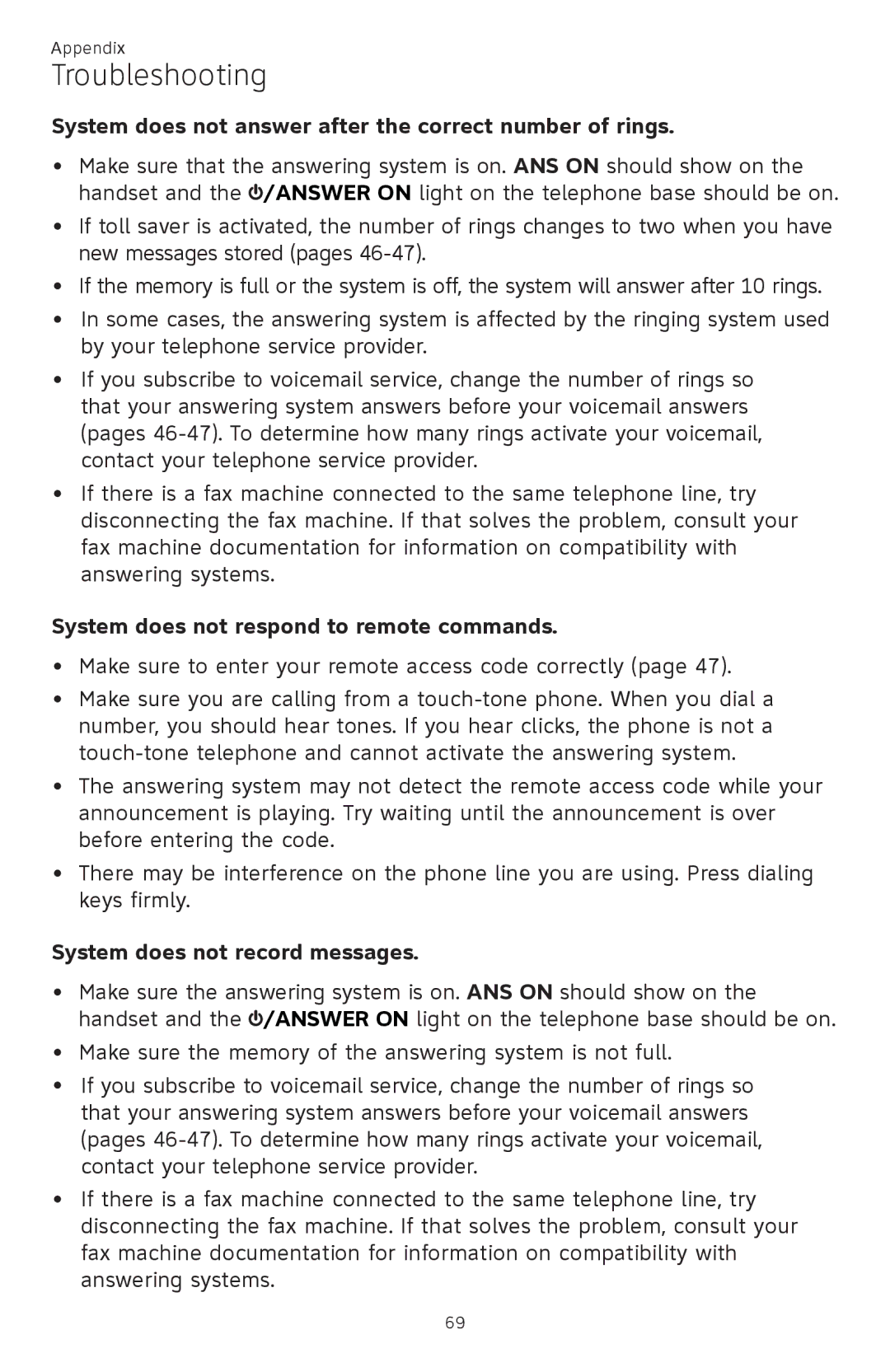 AT&T CL81301, CL82401 System does not answer after the correct number of rings, System does not respond to remote commands 