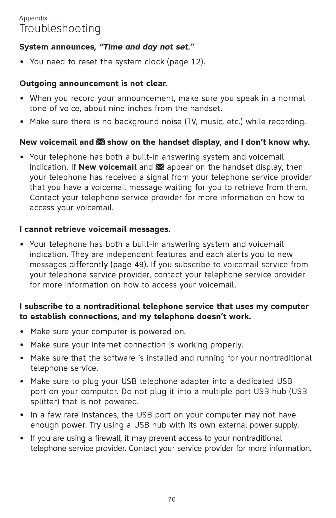 AT&T CL82401, CL82601, CL82101, CL81301 user manual Outgoing announcement is not clear, Cannot retrieve voicemail messages 