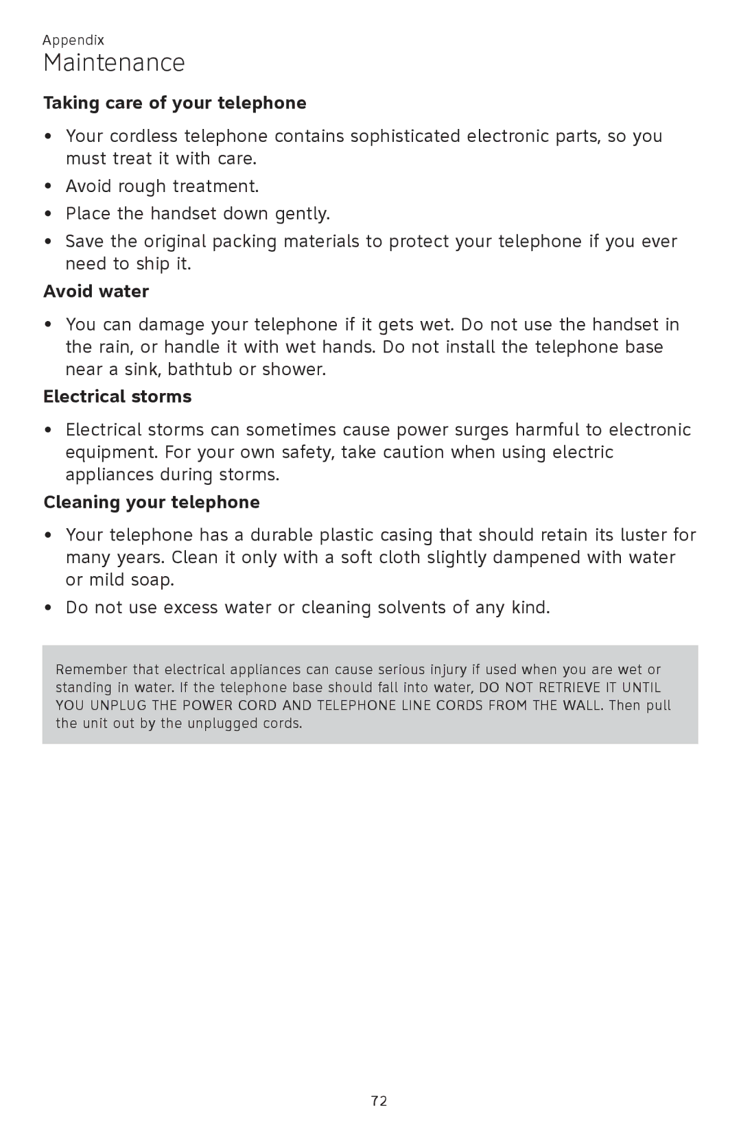 AT&T CL82101, CL82401 Maintenance, Taking care of your telephone, Avoid water, Electrical storms, Cleaning your telephone 