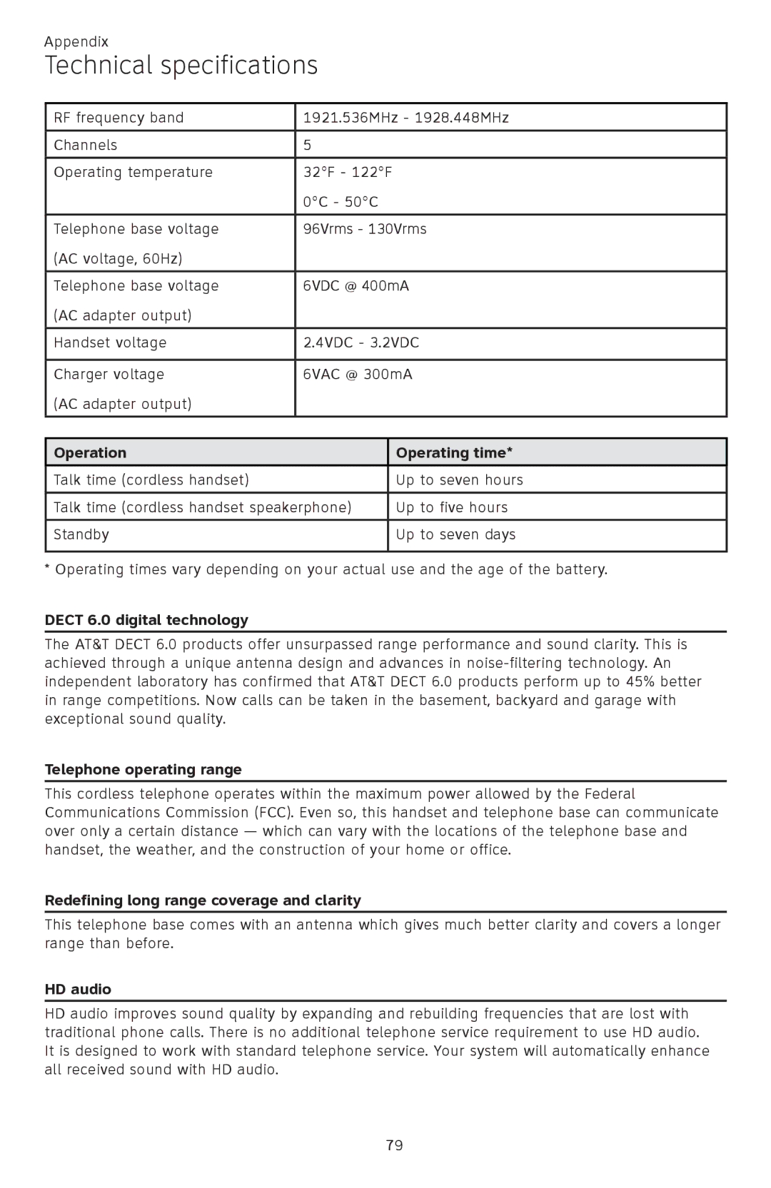 AT&T CL82601, CL82401, CL82101, CL81301 user manual Technical specifications, Operation Operating time 