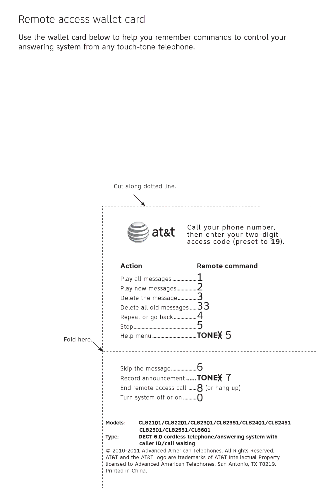 AT&T CL82401, CL82601, CL82101, CL81301 user manual Remote access wallet card, Action Remote command 