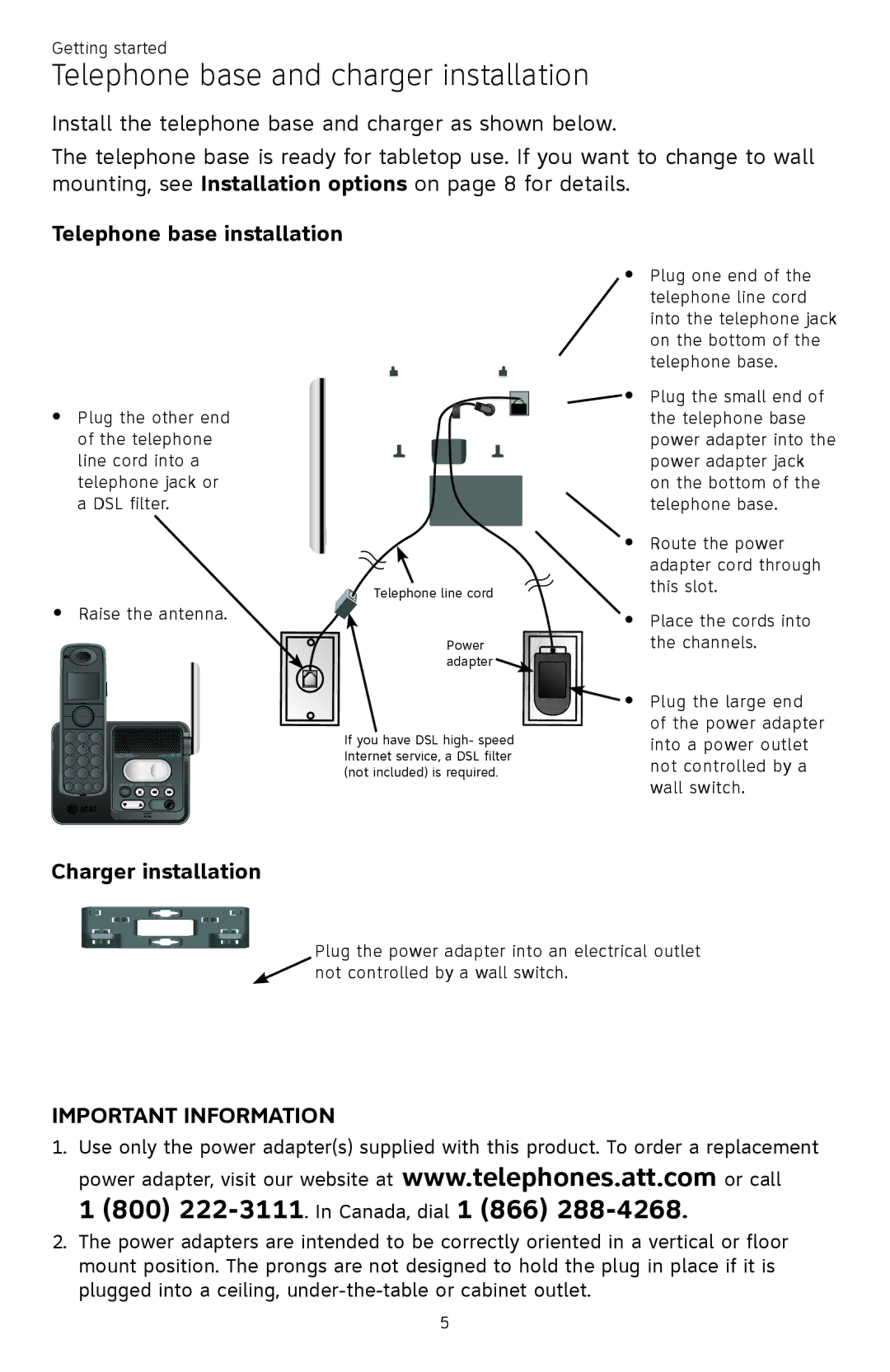 AT&T CL82450 user manual Telephone base and charger installation, Telephone base installation, Charger installation 