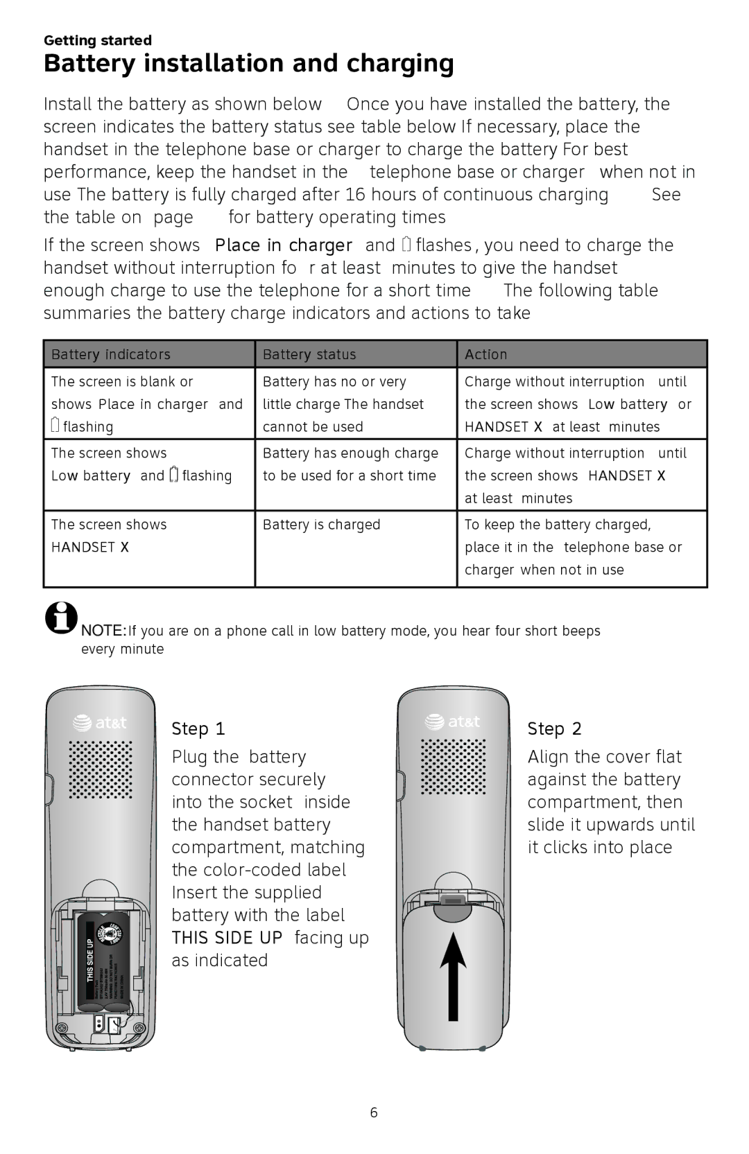 AT&T CL82450 user manual Battery installation and charging, Step, Battery indicators Battery status Action 