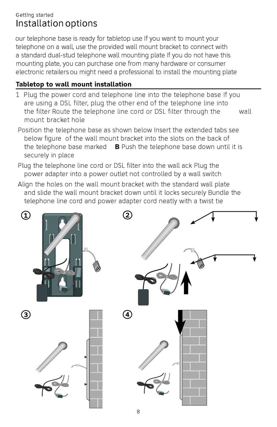 AT&T CL82450 user manual Installation options, Tabletop to wall mount installation 