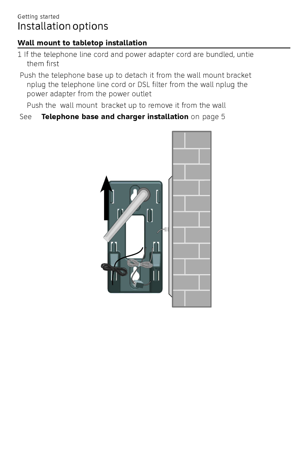 AT&T CL82450 user manual Wall mount to tabletop installation, See Telephone base and charger installation on 