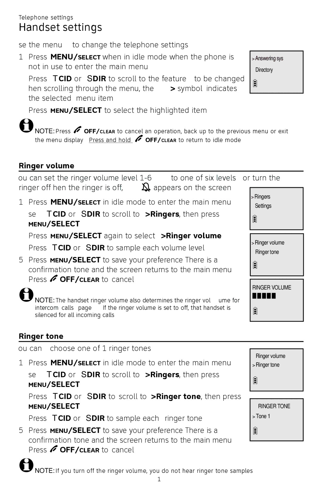 AT&T CL82450 user manual Handset settings, Ringer volume, Ringer tone 