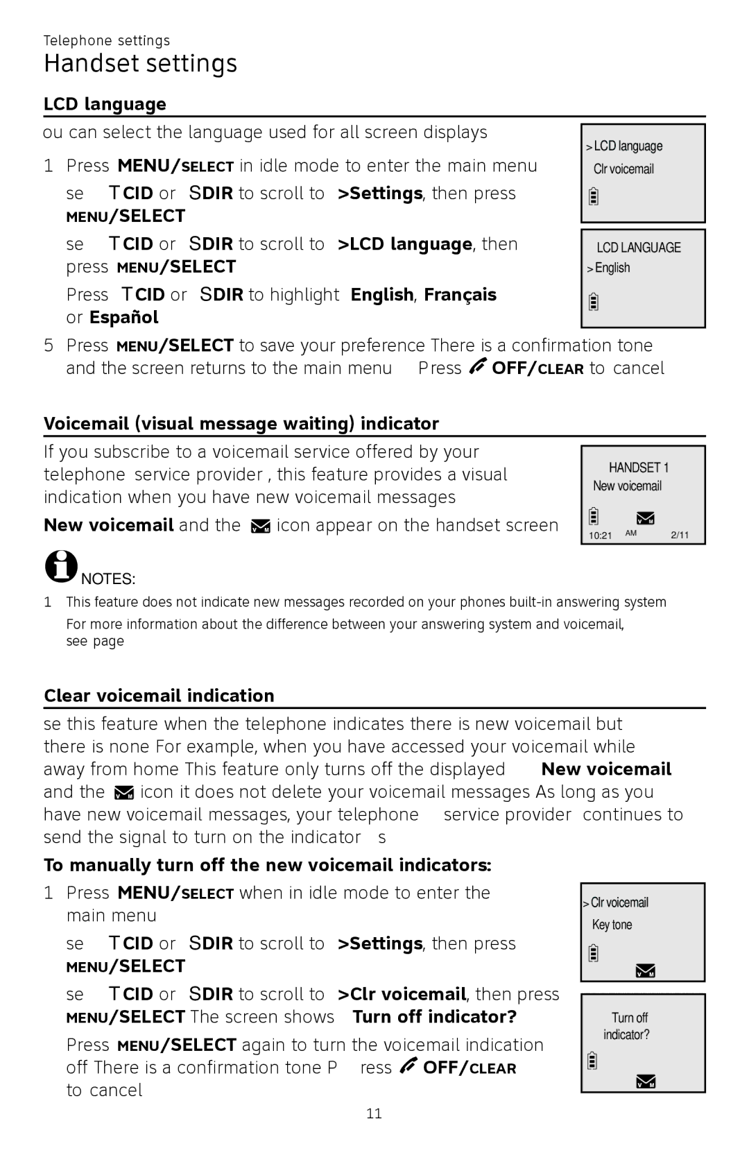 AT&T CL82450 user manual LCD language, Voicemail visual message waiting indicator, Clear voicemail indication 