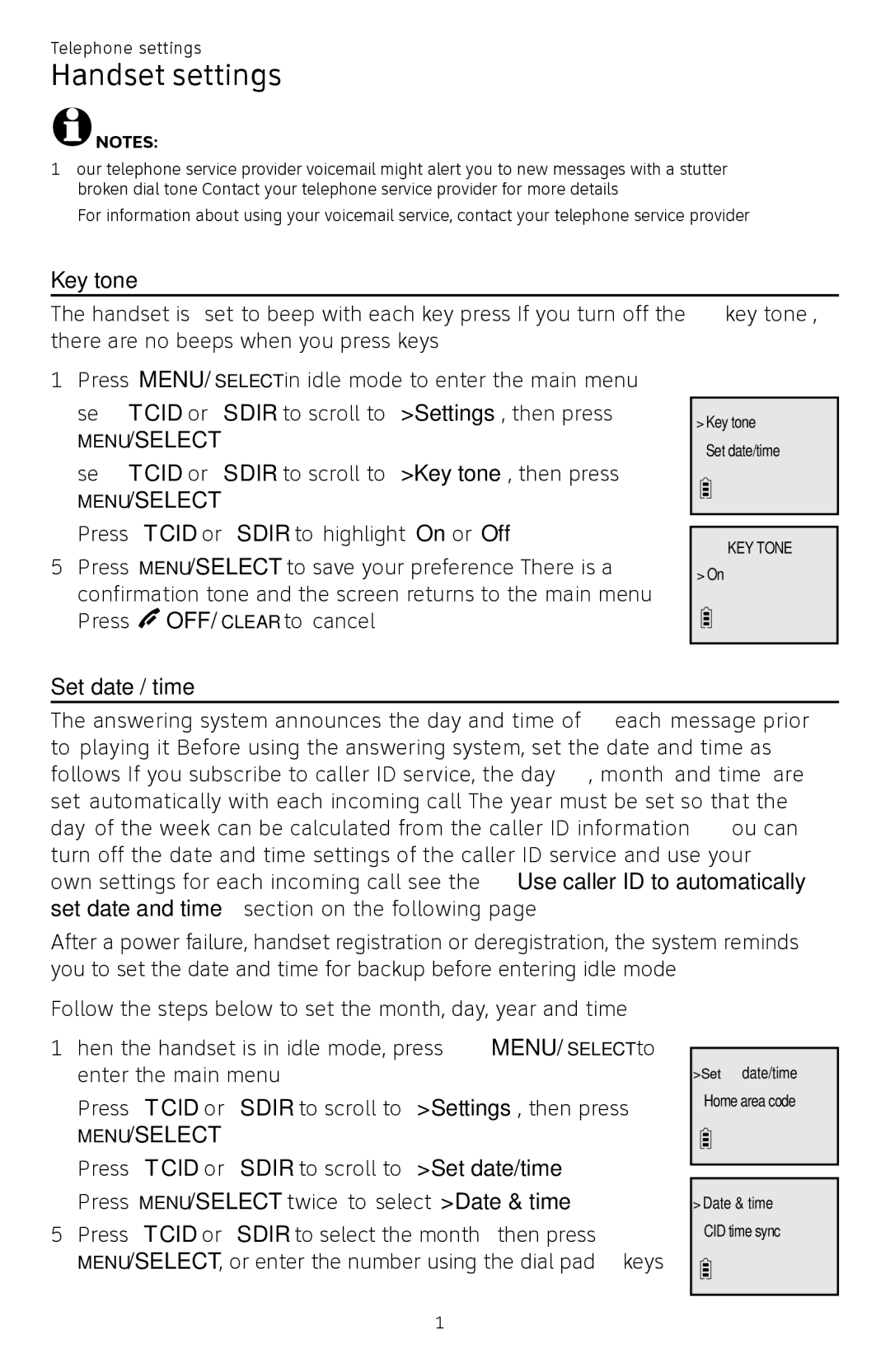 AT&T CL82450 user manual Key tone, Set date/time 