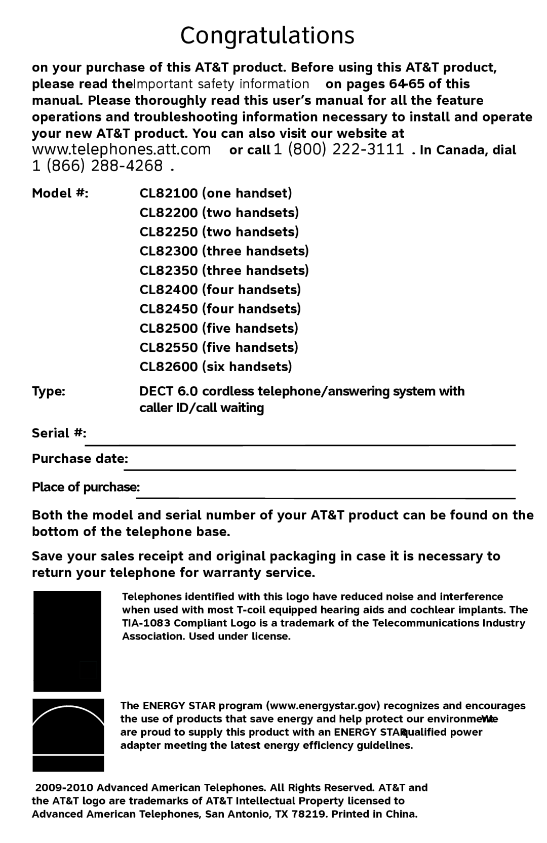 AT&T CL82450 user manual Congratulations 