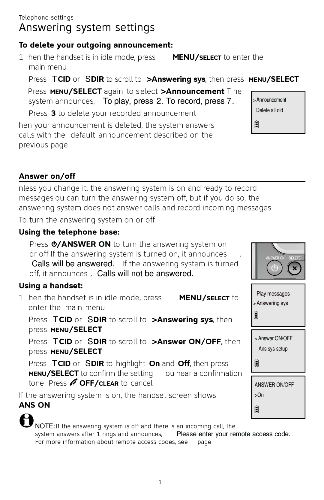 AT&T CL82450 user manual To delete your outgoing announcement, Answer on/off, Using the telephone base, Using a handset 