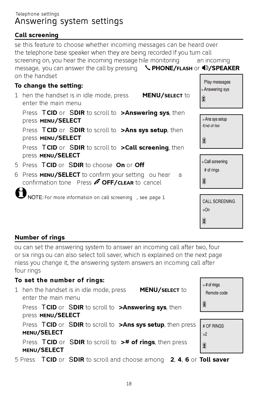 AT&T CL82450 user manual Call screening, To change the setting, Number of rings, To set the number of rings 