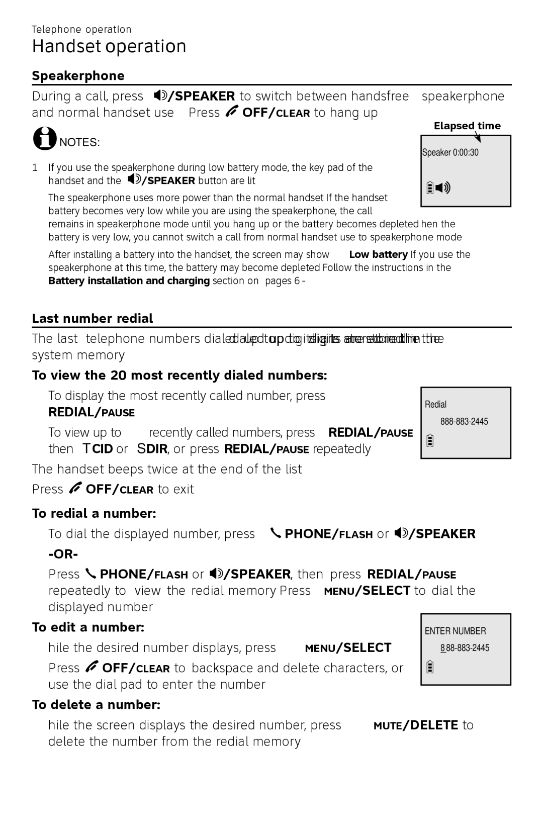 AT&T CL82450 user manual Handset operation, Speakerphone, To redial a number, To delete a number 