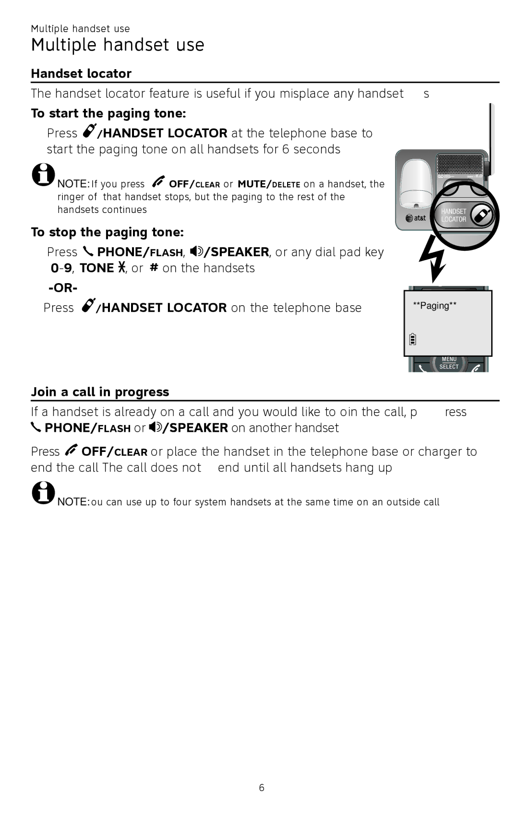 AT&T CL82450 user manual Multiple handset use, Handset locator, To start the paging tone, To stop the paging tone 