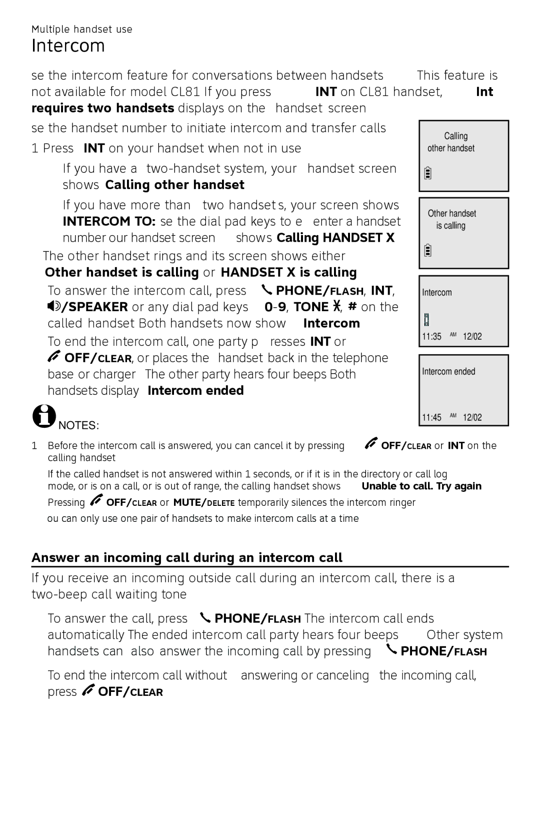 AT&T CL82450 user manual Intercom, Answer an incoming call during an intercom call 