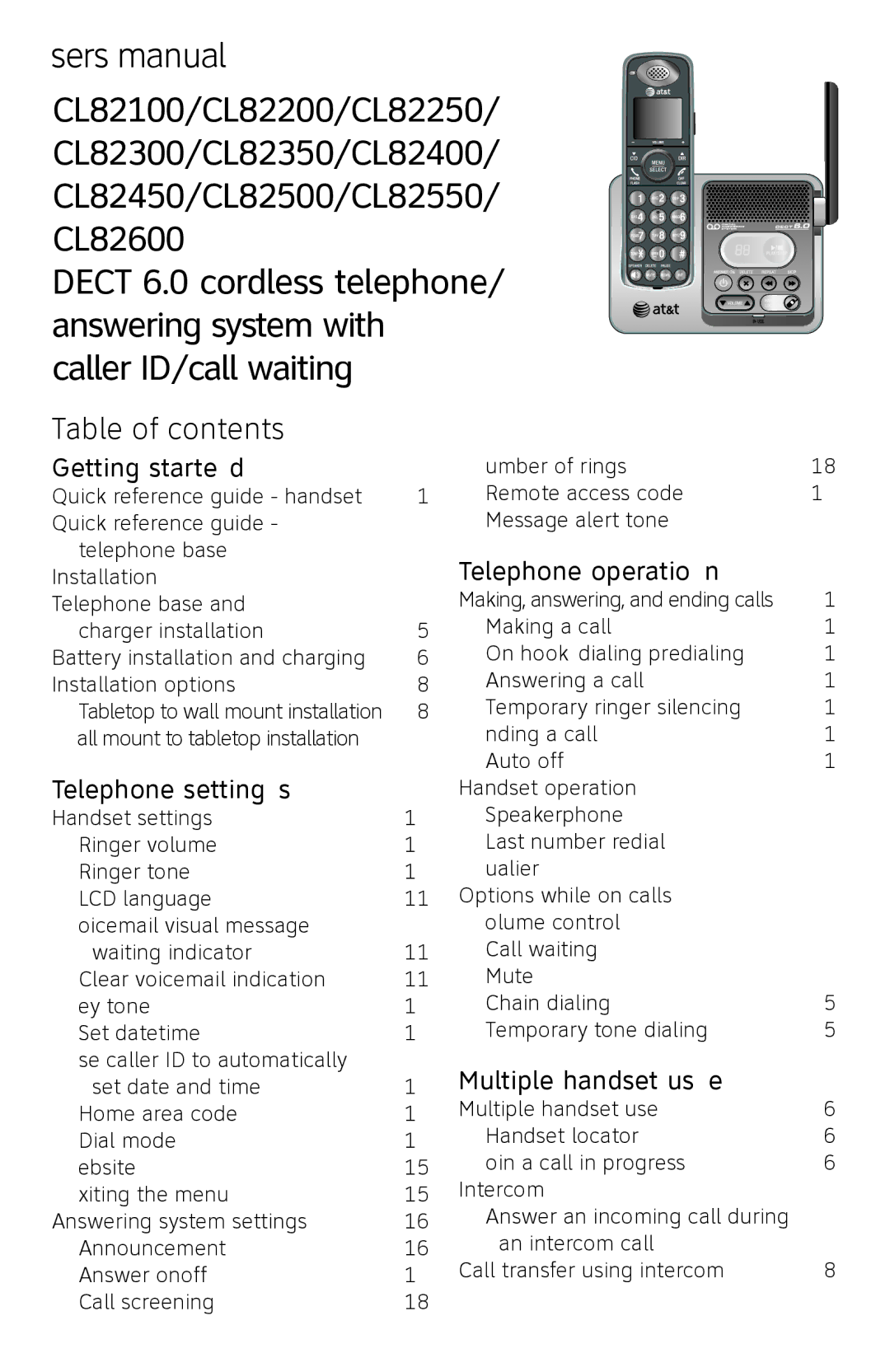 AT&T CL82450 user manual Table of contents 