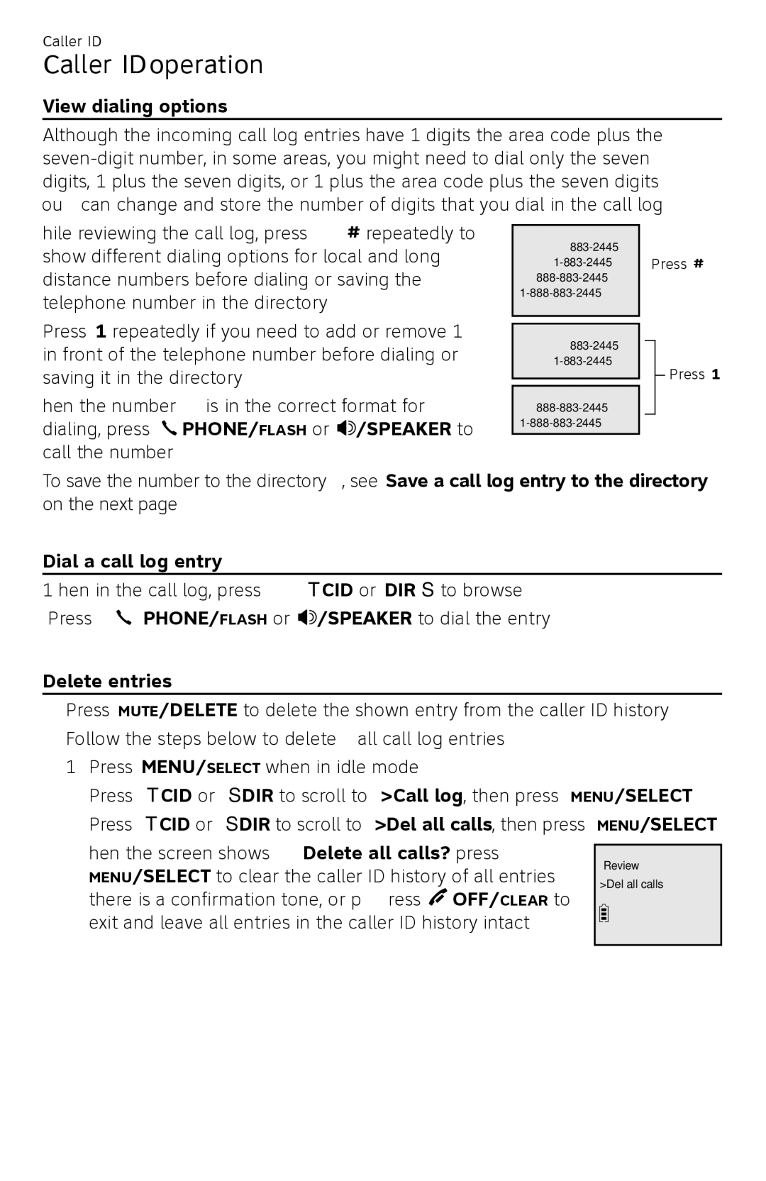 AT&T CL82450 user manual View dialing options, Dial a call log entry, Delete entries 