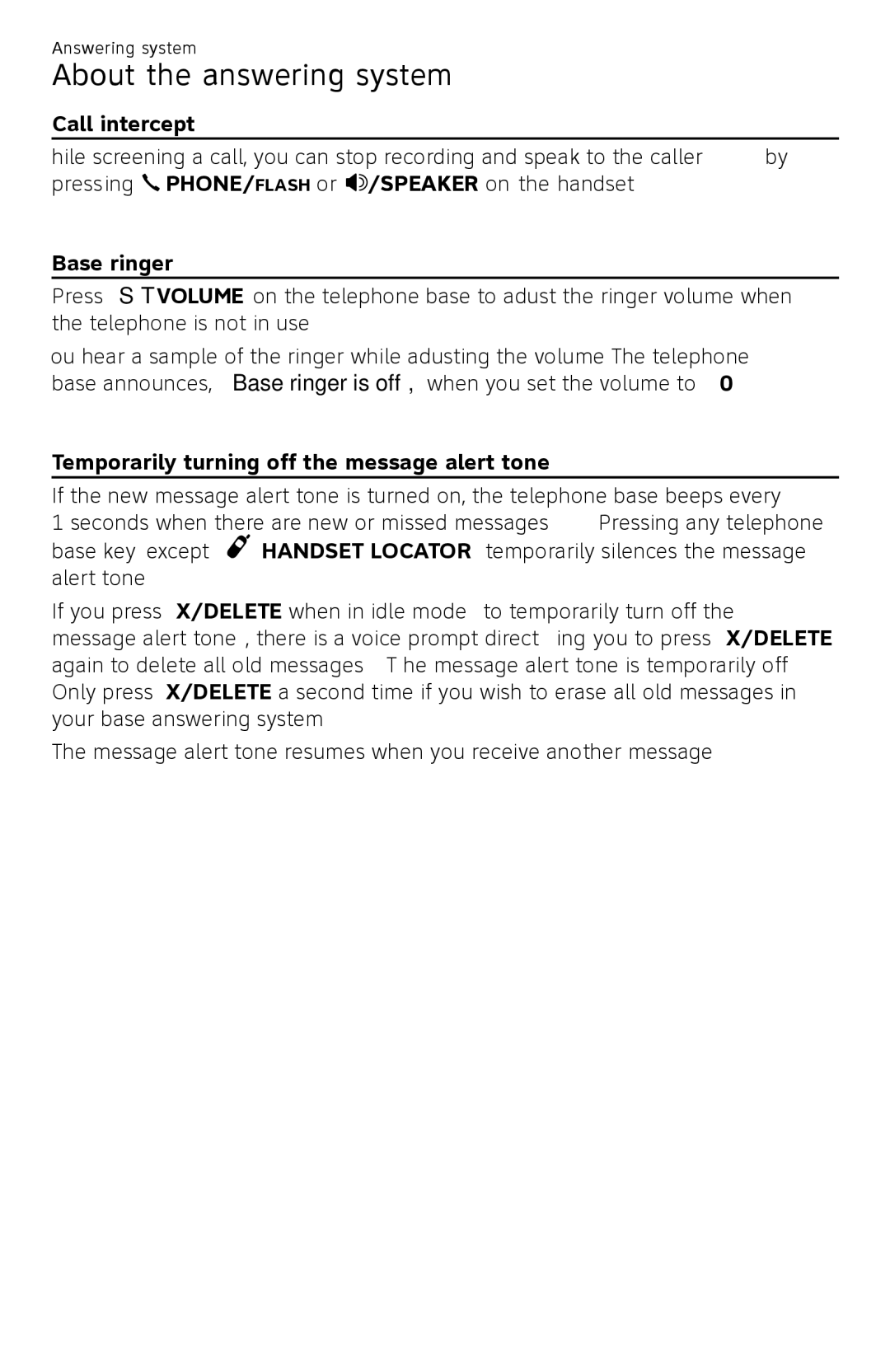 AT&T CL82450 user manual Call intercept, Base ringer, Temporarily turning off the message alert tone 