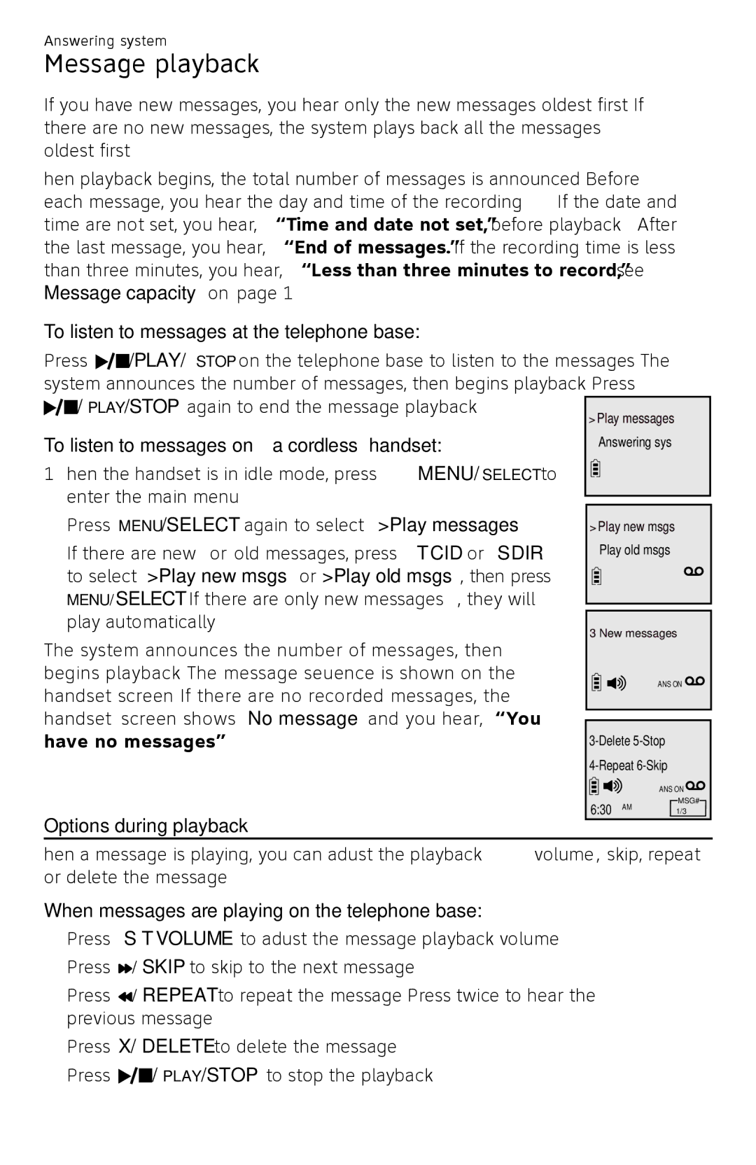 AT&T CL82450 Message playback, To listen to messages at the telephone base, To listen to messages on a cordless handset 