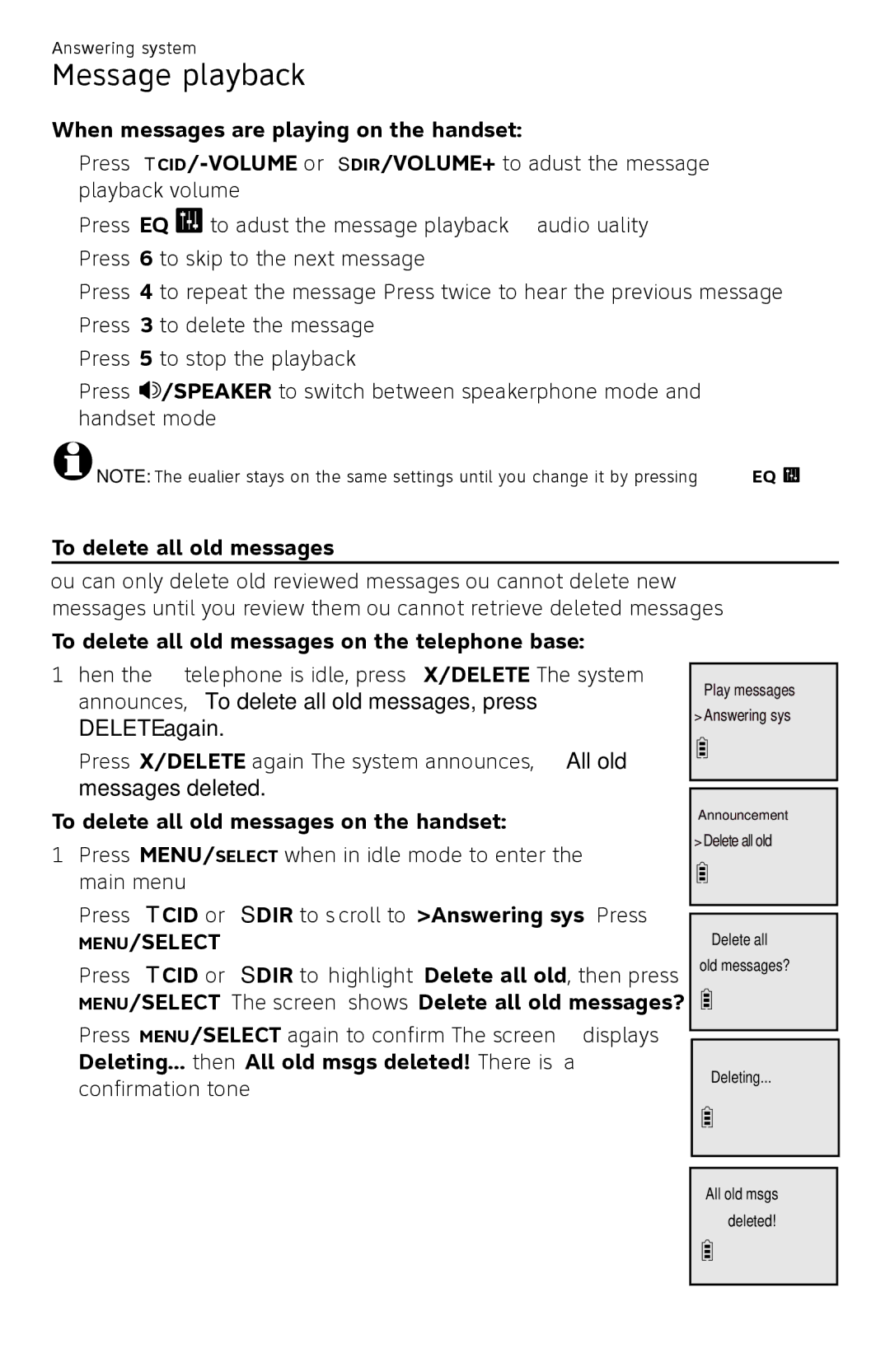 AT&T CL82450 user manual When messages are playing on the handset, To delete all old messages 