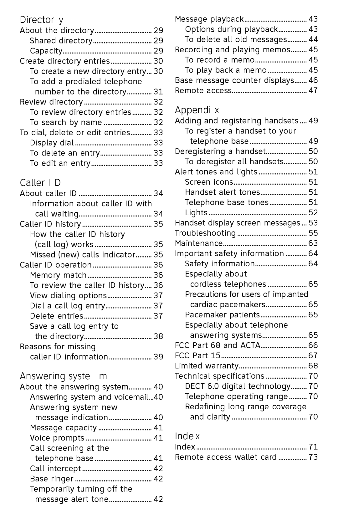 AT&T CL82450 user manual Index 