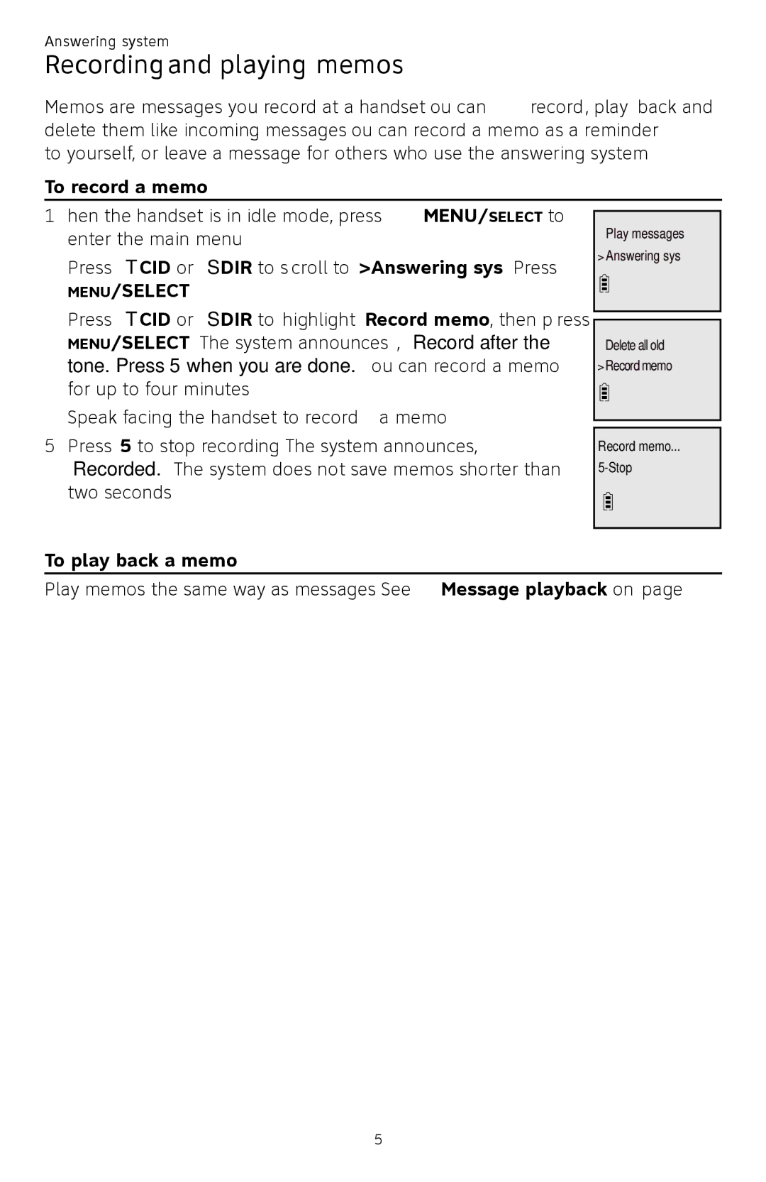 AT&T CL82450 user manual Recording and playing memos, To record a memo, To play back a memo 