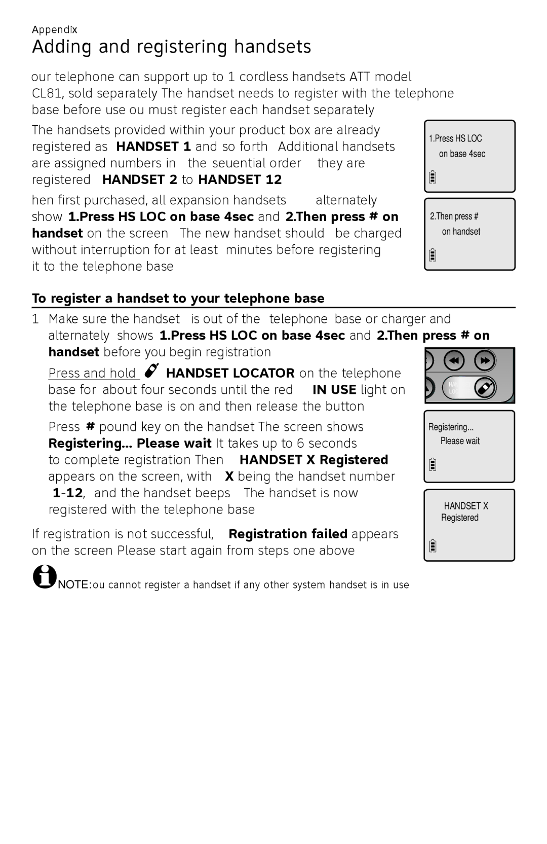 AT&T CL82450 user manual Adding and registering handsets, To register a handset to your telephone base 