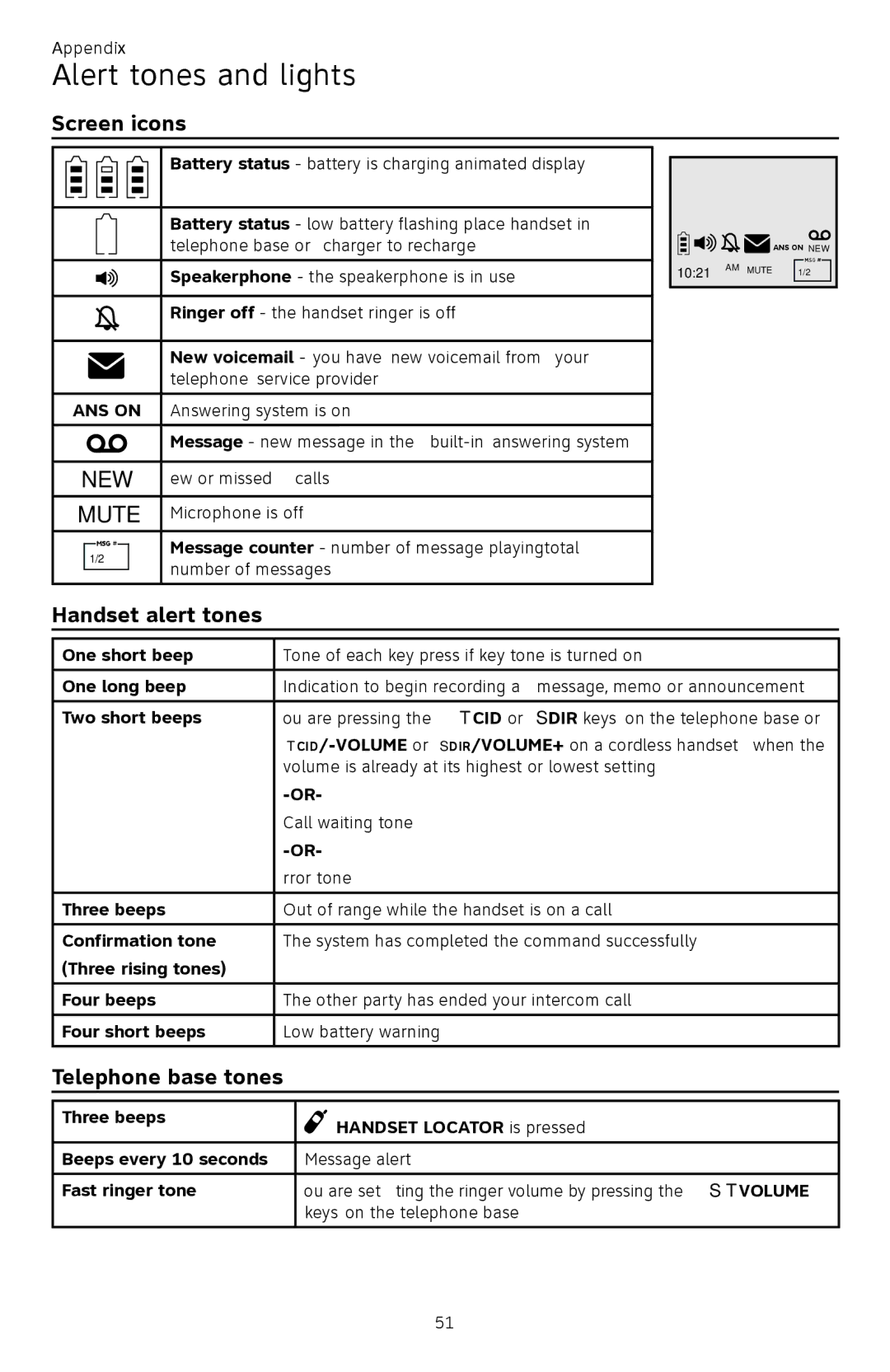 AT&T CL82450 user manual Alert tones and lights, Screen icons, Handset alert tones, Telephone base tones 