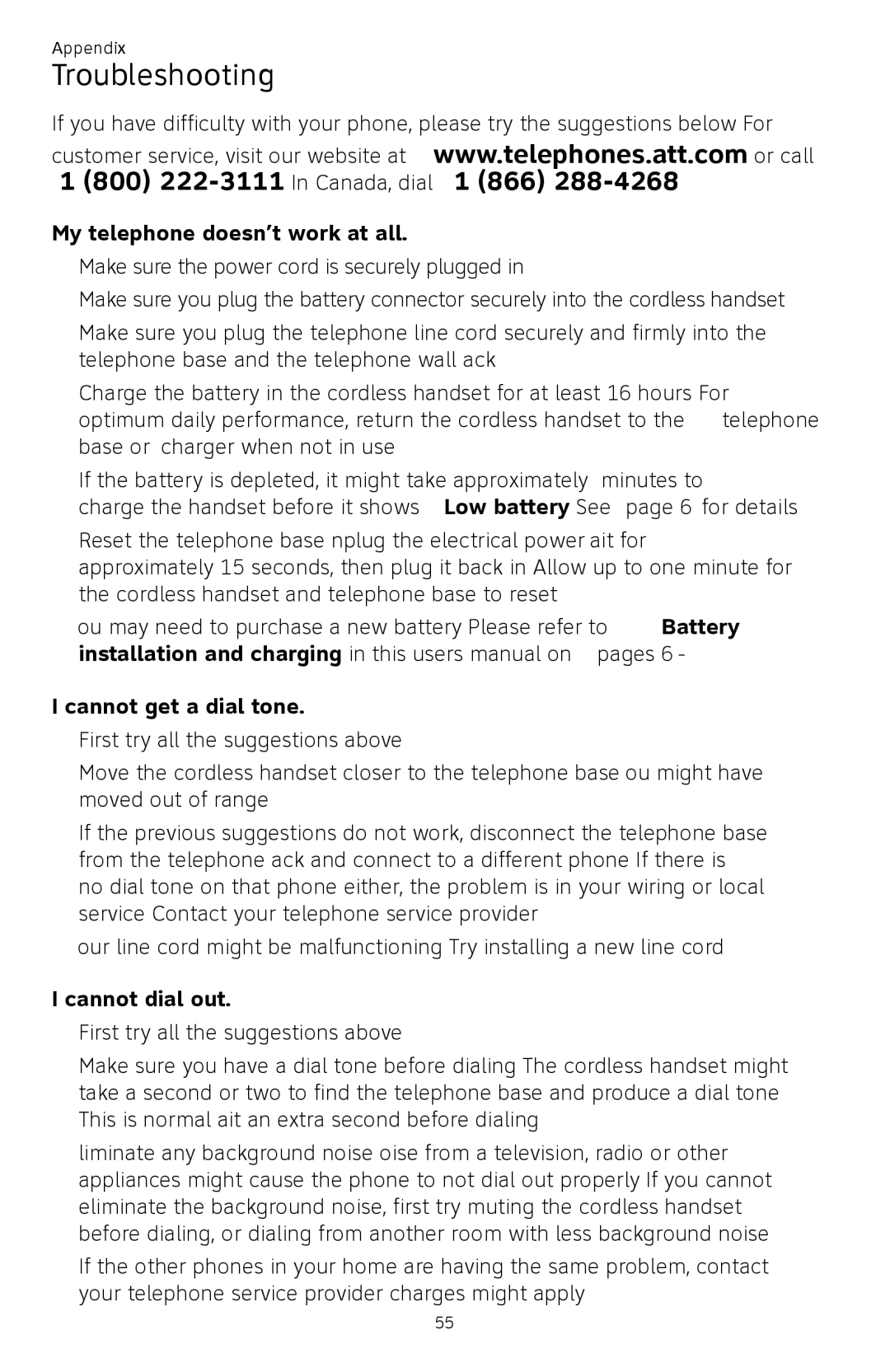 AT&T CL82450 user manual Troubleshooting, My telephone doesn’t work at all, Cannot get a dial tone, Cannot dial out 