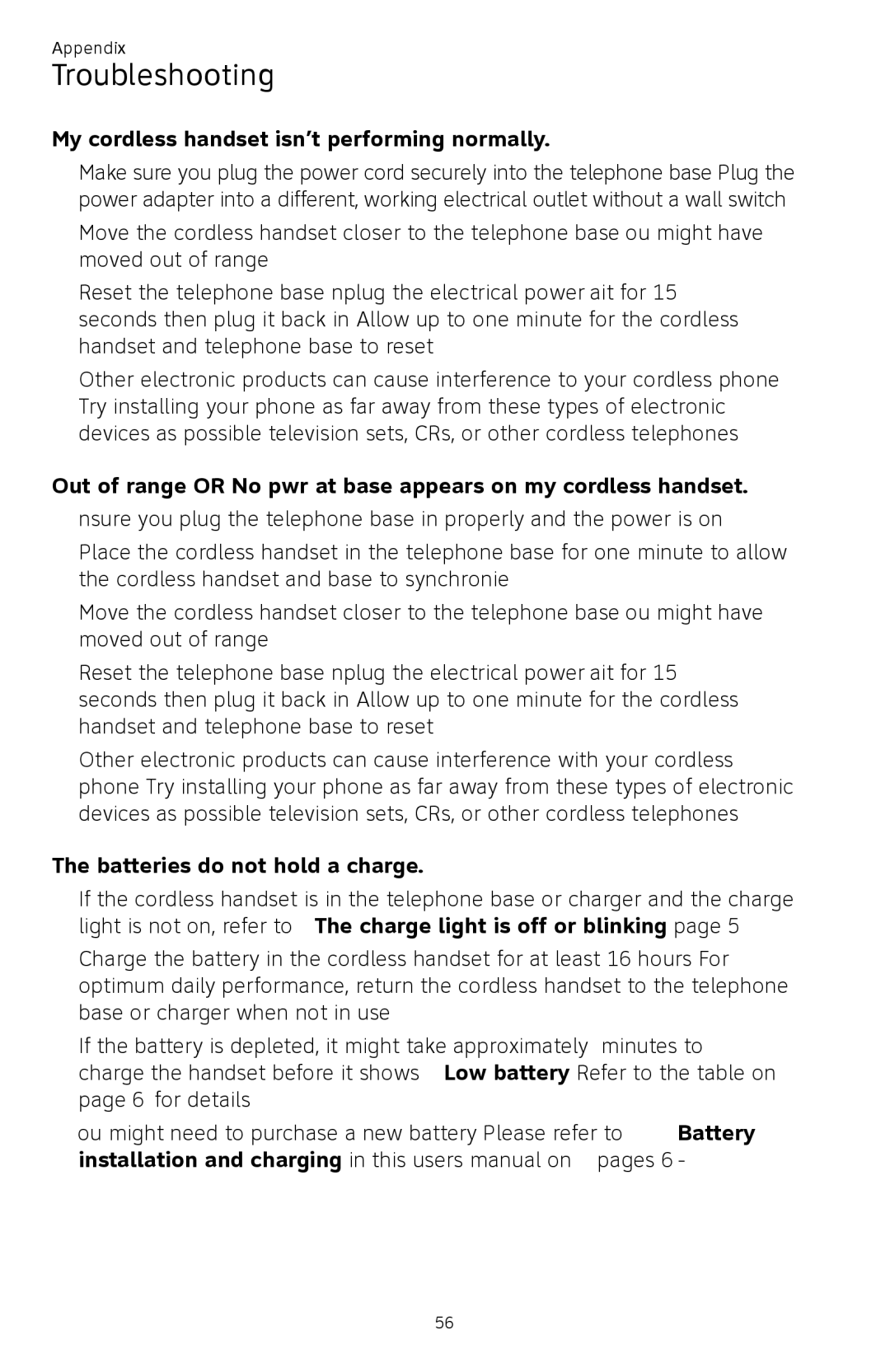 AT&T CL82450 user manual My cordless handset isn’t performing normally, Batteries do not hold a charge 