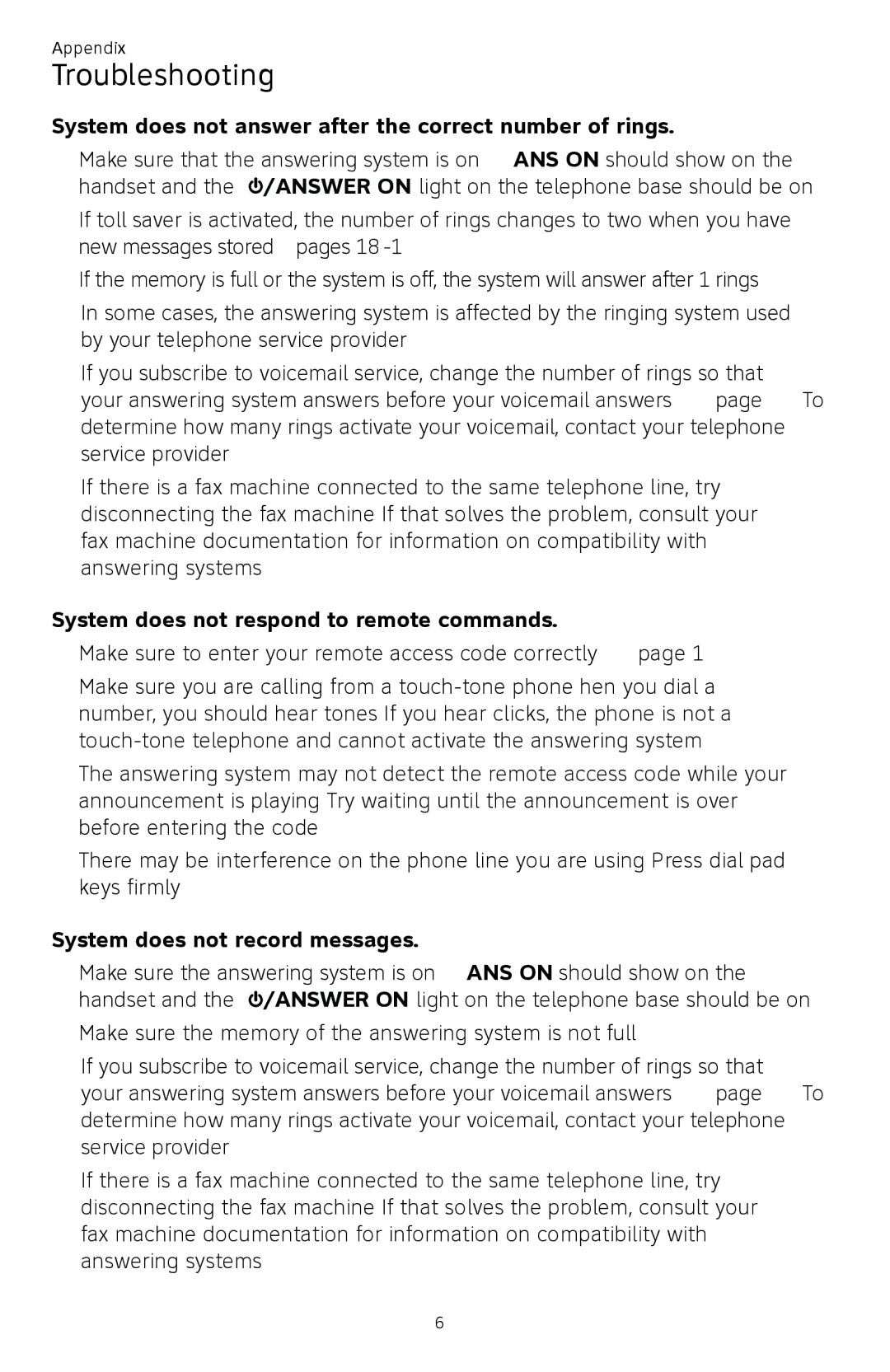 AT&T CL82450 System does not answer after the correct number of rings, System does not respond to remote commands 