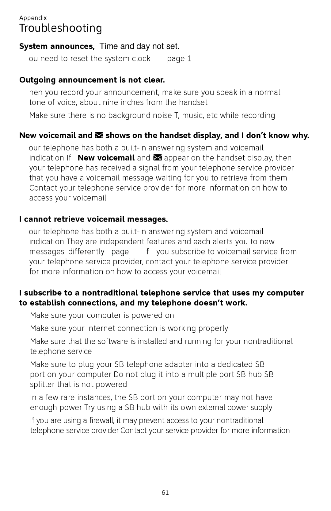 AT&T CL82450 user manual Outgoing announcement is not clear, Cannot retrieve voicemail messages 