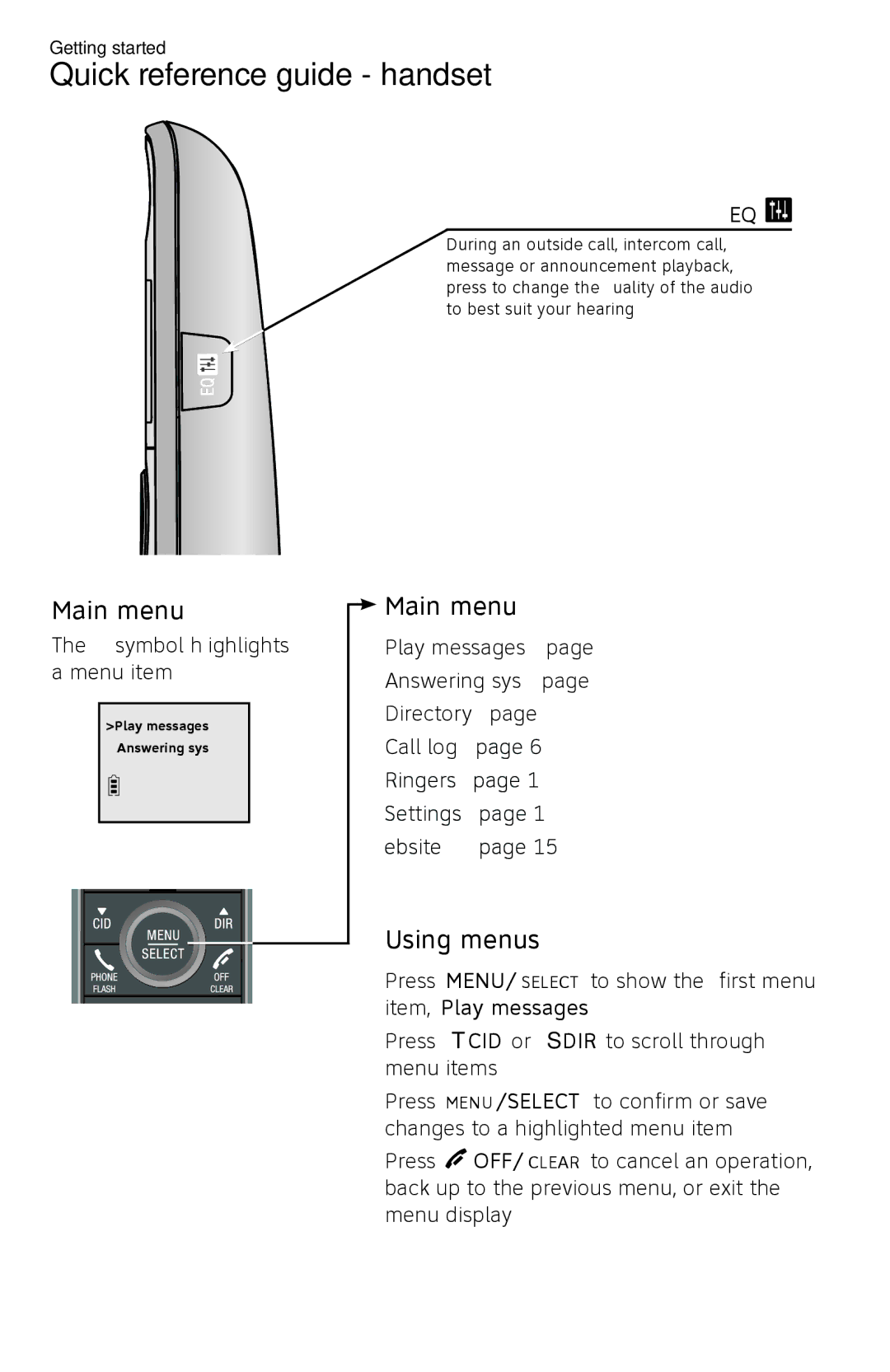 AT&T CL82450 user manual Main menu 